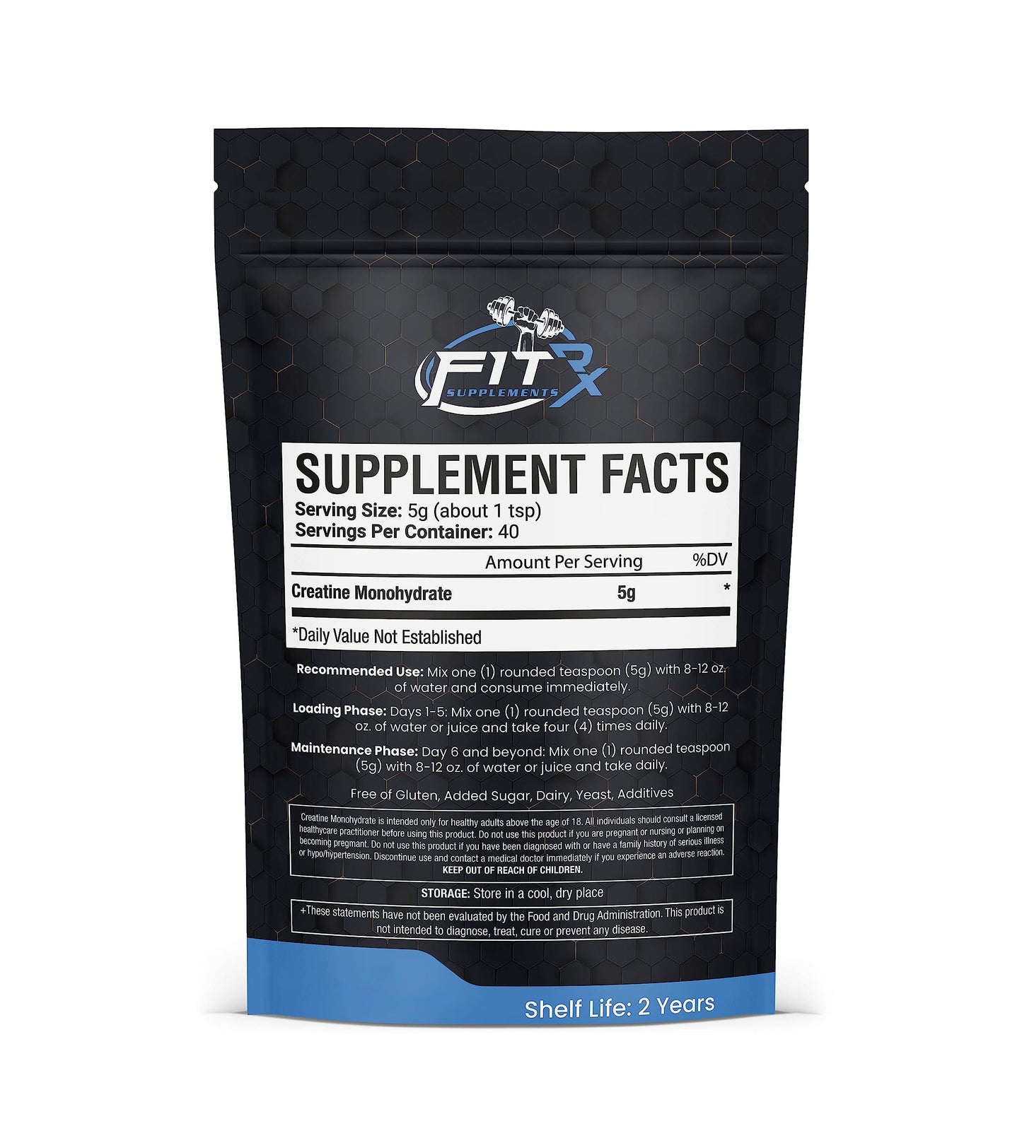 FITRxSupplements.com Pure Creatine Monohydrate Powder - Zero Added Ingredients - No Calories, 5g per Serving, Unflavored 40 Servings, 200g, Quick Dissolve