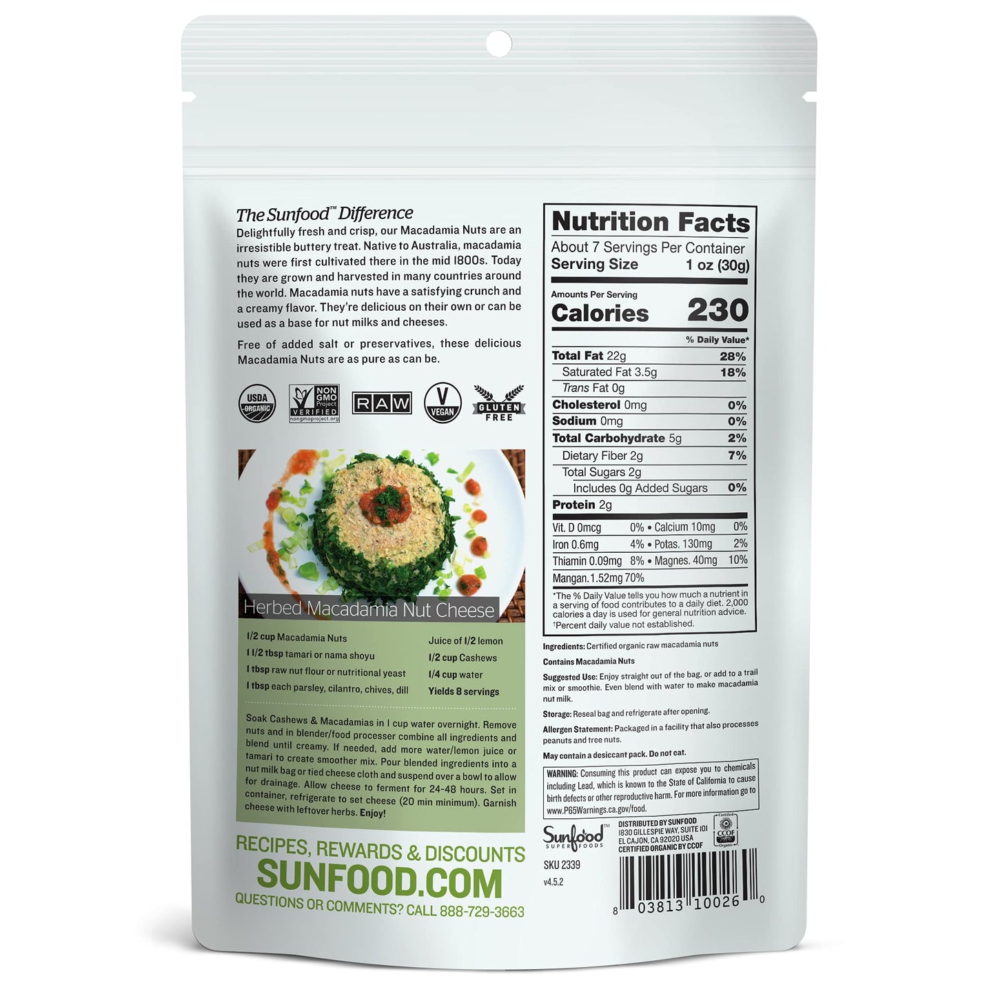 Sunfood Superfood Organic Macadamia Nuts Unsalted  Raw  8 oz Bag 7 Servings  Great for Keto Snack or Baking  Good Source of Fiber Free of Preservatives  NonGMO Vegan Glutenfree