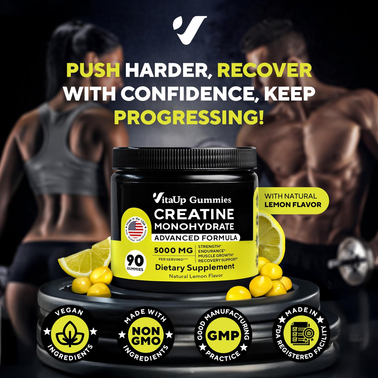 VitaUp Creatine Monohydrate Gummies for Men & Women - USA Made Monohydrate Creatine for Men 5g - Pre-Workout Gummies to Support Energy Levels, Training Endurance & Muscle Performance - 90 Count