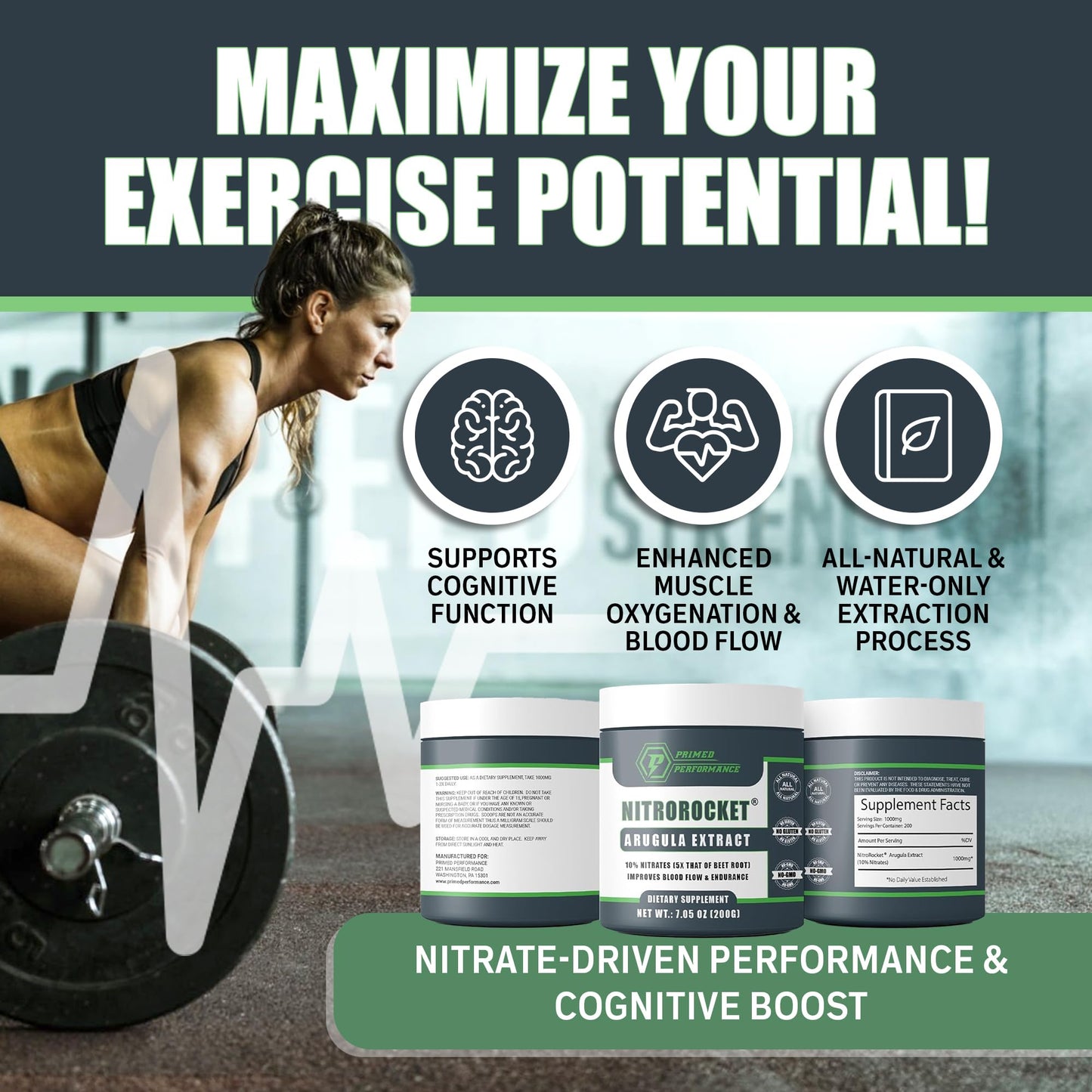 NitroRocket Nitric Oxide Booster - Helps Support Blood Flow Nitric Oxide Production - Nitric Oxide Supplements for Men and Women - Boost Energy, Cognitive Function & Muscle Oxygenation (200 Grams)