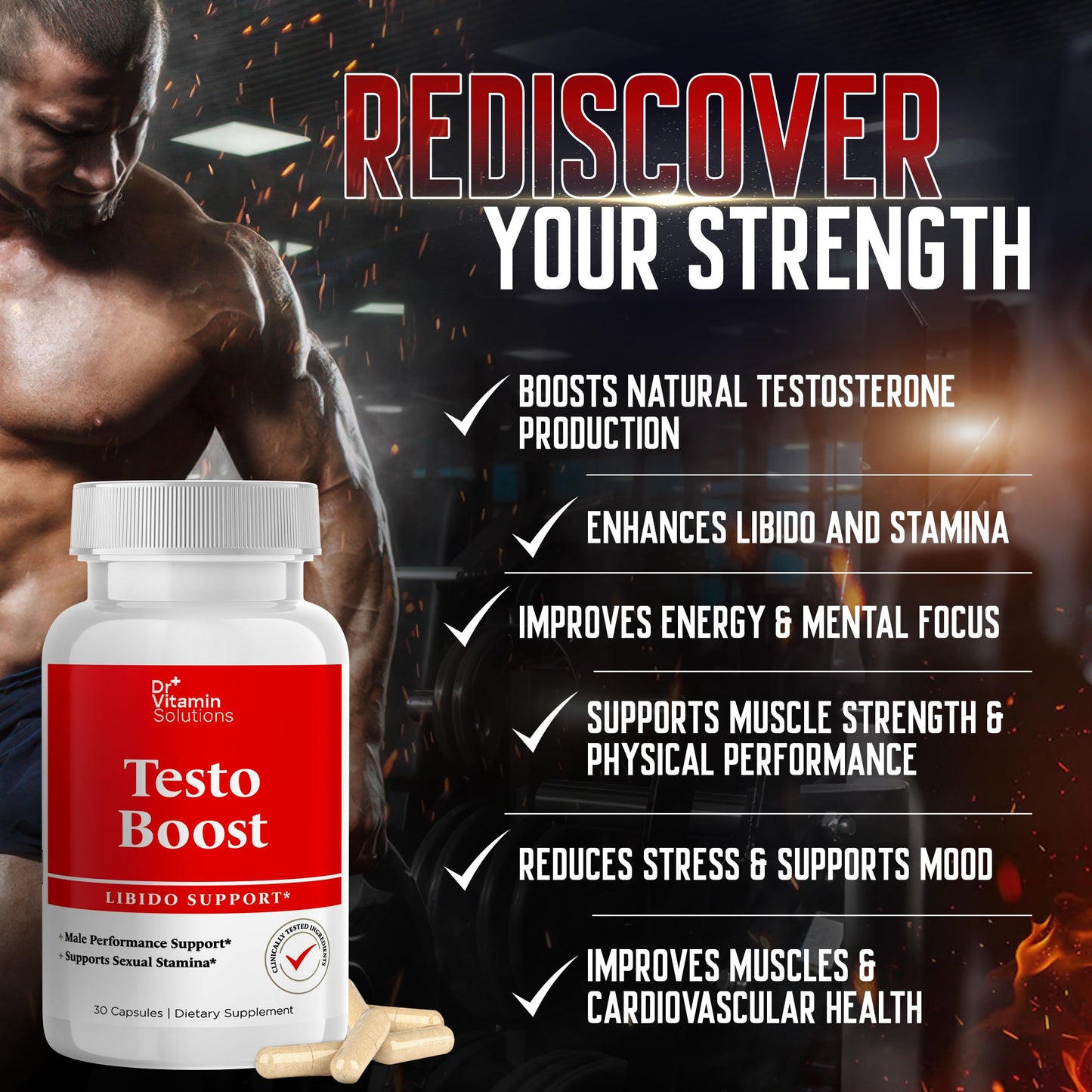 Dr. Vitamin Testo Boost Supplement for Men - Stamina, Endurance & Energy Enhancement - Male Testosterone Booster w/ Fenugreek, Tribulus, Tongkat Ali, Horny Goat Weed - 30 Capsules