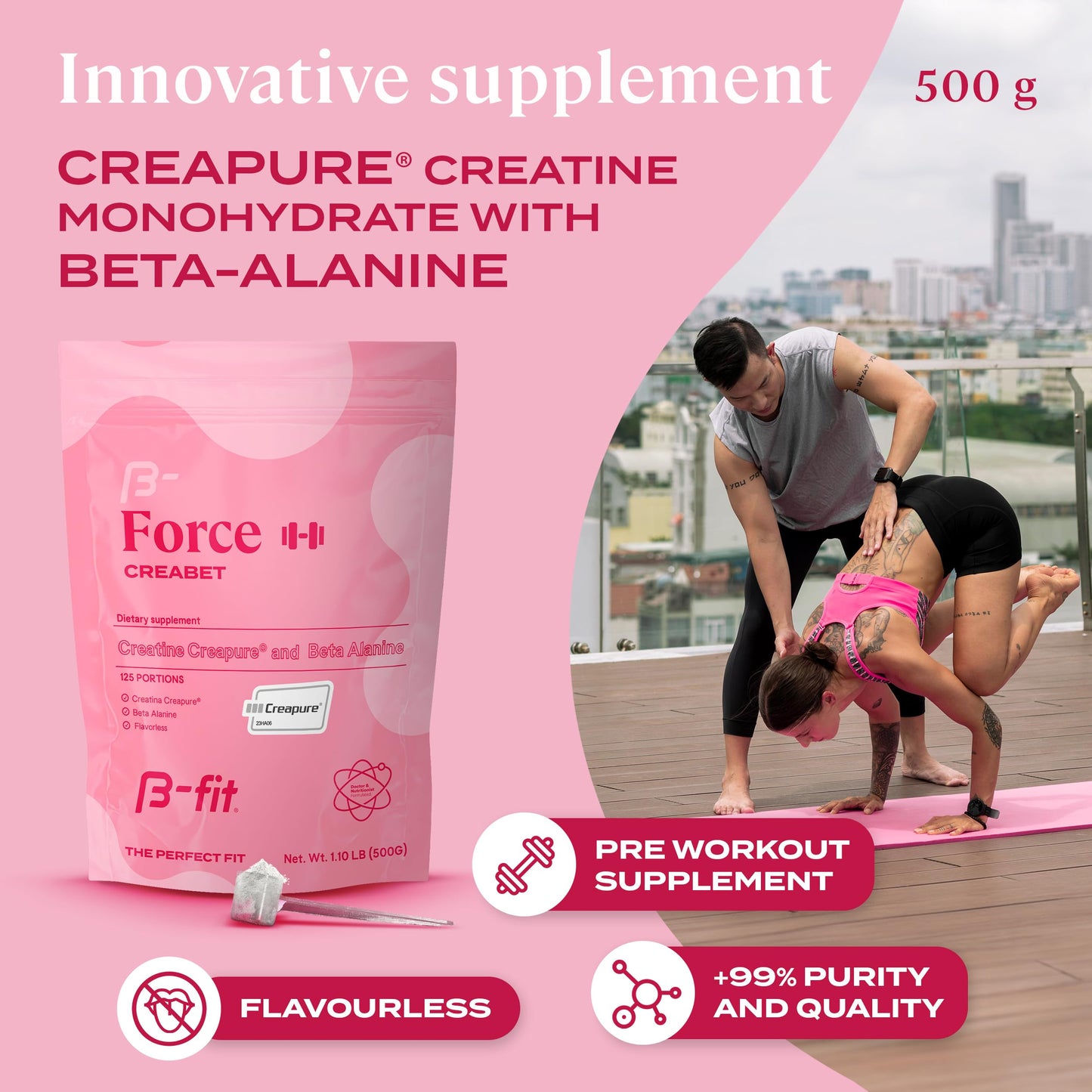 B-FIT B Creabet Creatine Monohydrate for Women - Creapure - Creatine Monohydrate Powder with Beta-Alanine 500g - Pre Workout Supplement - 125 Servings +4 Months Supply - Unflavored