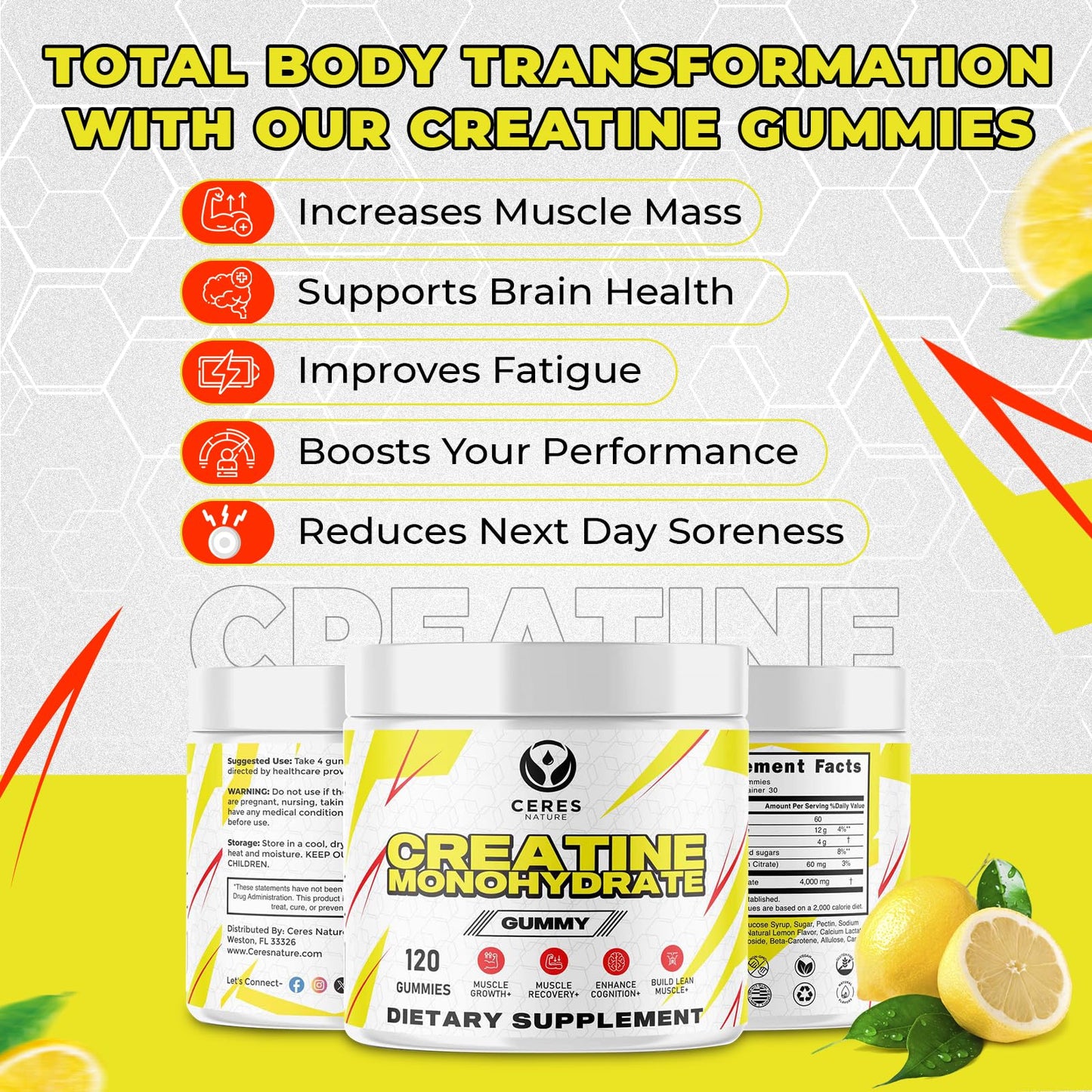 Ceres Nature Creatine Monohydrate Gummies for Men & Women-5g of Creatine Monohydrate per Serving - Vegan,Lemon Flavor, 120 Count.