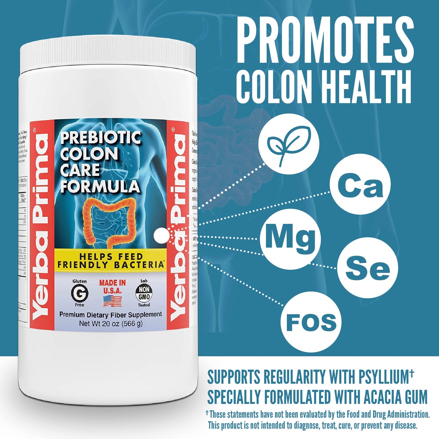 Yerba Prima Prebiotic Colon Care Formula, 20 oz Powder with FOS - Natural Psyllium Fiber, Magnesium, Selenium - Non-GMO, Gluten Free, Vegan Daily Supplement - for Men & Women