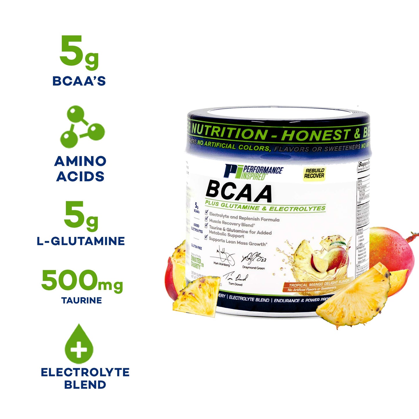 PERFORMANCE INSPIRED Nutrition BCAA Powder - 5G BCAA with Electrolytes, Taurine & Glutamine - All-Natural Recovery & Clean Formula - Tropical Mango Delight - 1.46 lb