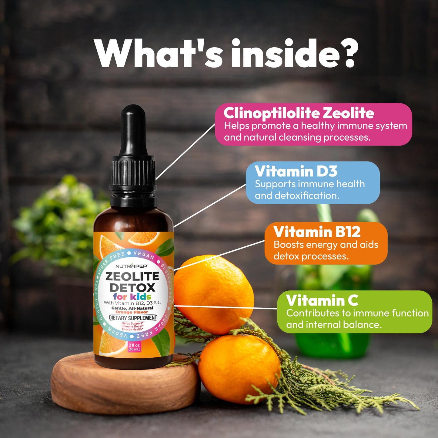 NutraPep Zeolite Detox for Kids - Gentle Micronized Clinoptilolite Supplement with Vitamin B12 C D - Full Body Cleanse Liquid Drops for Children Toddlers - Orange Flavor Vegan Gluten-Free