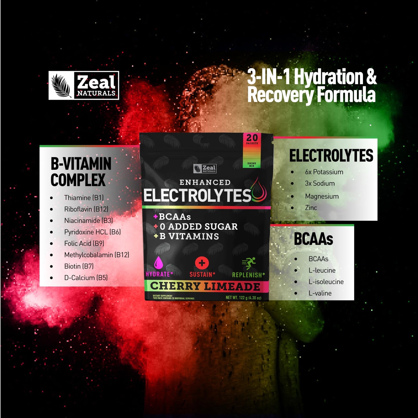 Enhanced Electrolyte Powder Stick Packs (Cherry Limeade | 20 Packets) w 0 Sugar +BCAAs +B-Vitamins Electrolyte Supplement w Potassium Zinc & Magnesium for Hydration - Keto Electrolytes