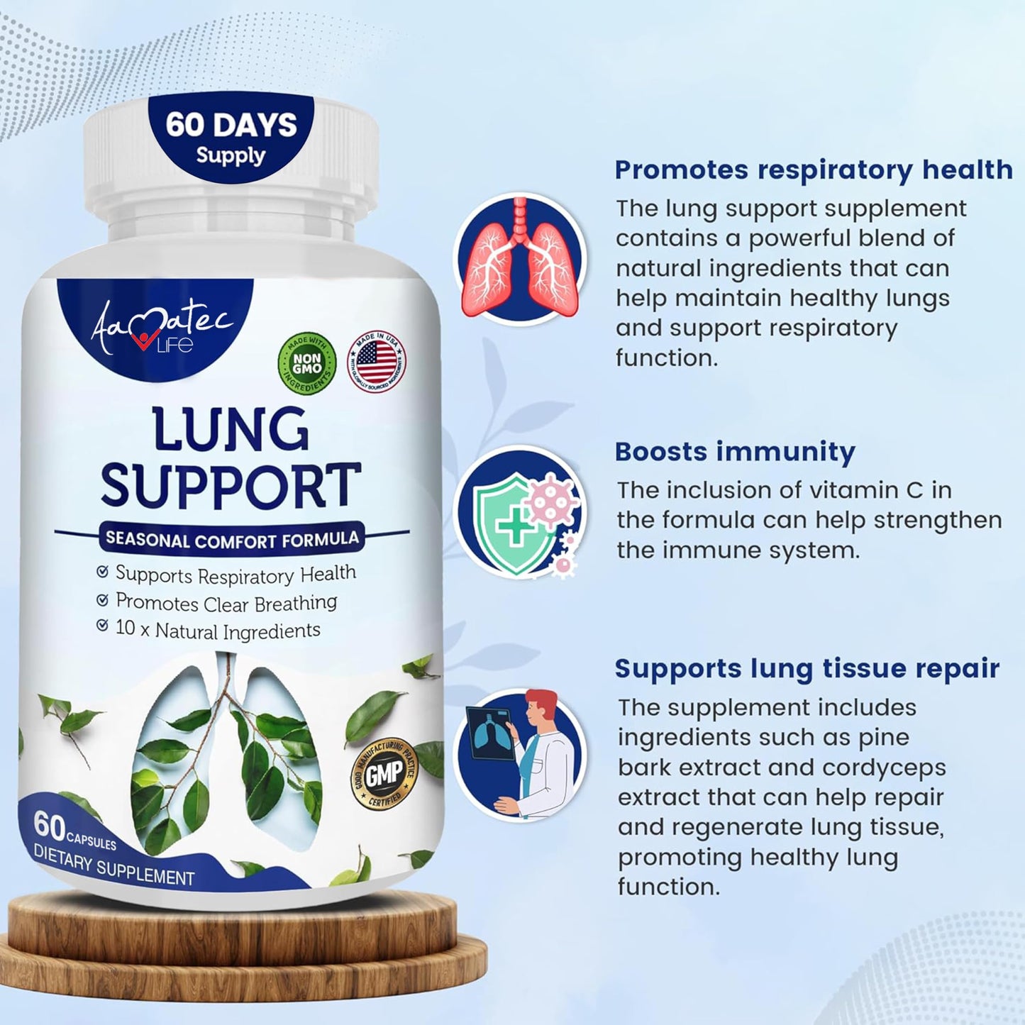 AAMATEC LIFE Lung Support Dietary Supplements Herbal Breathing Support 10 Active Ingredients Original Formula for Lung Health Lung Cleanse Formula Supplement for Bronchial System 60 Capsules Non GMO