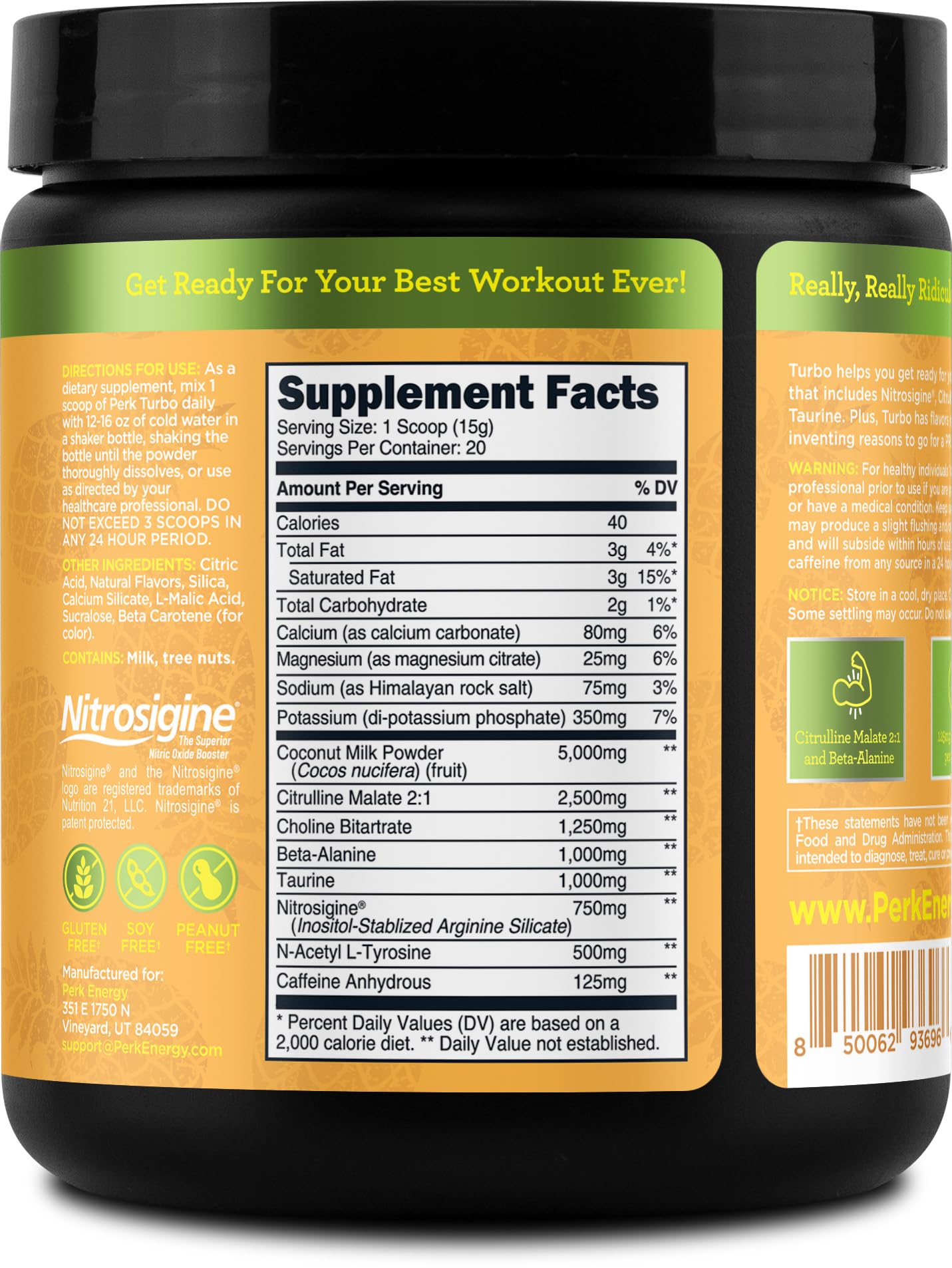 Perk Turbo Pre-Workout Pineapple Whip Flavored (20 Servings) - Gluten Free, Soy Free