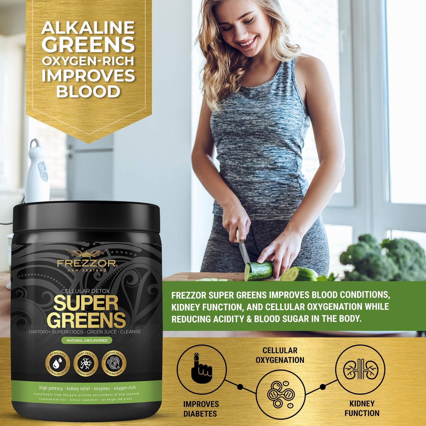 FREZZOR Super Greens Powder with UAF1000+, All-Natural New Zealand Green Fruit & Veggie Supplement, Energy, Essential Raw Veggies, ORAC Antioxidants, Enzymes, Detox & Cleanse, 600g, 60 Serves, 2 Jars