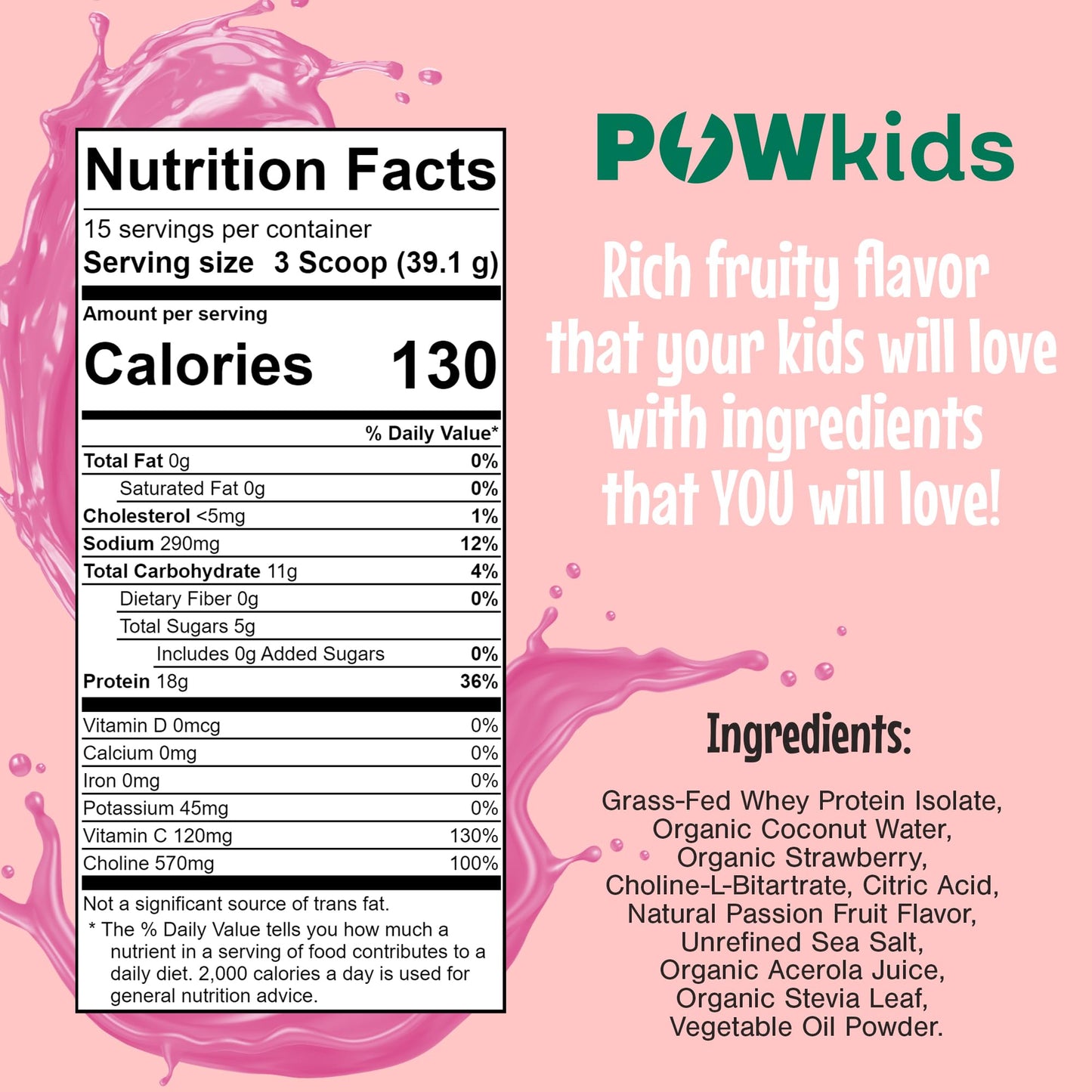 POWkids Passionberry Kids & Teens Protein Powder Shake | 18 gr Grass-Fed Whey, No Added Sugar, Organic Ingredients | Vitamin C & Choline for Immunity & Brain Development | 15-45 Servings