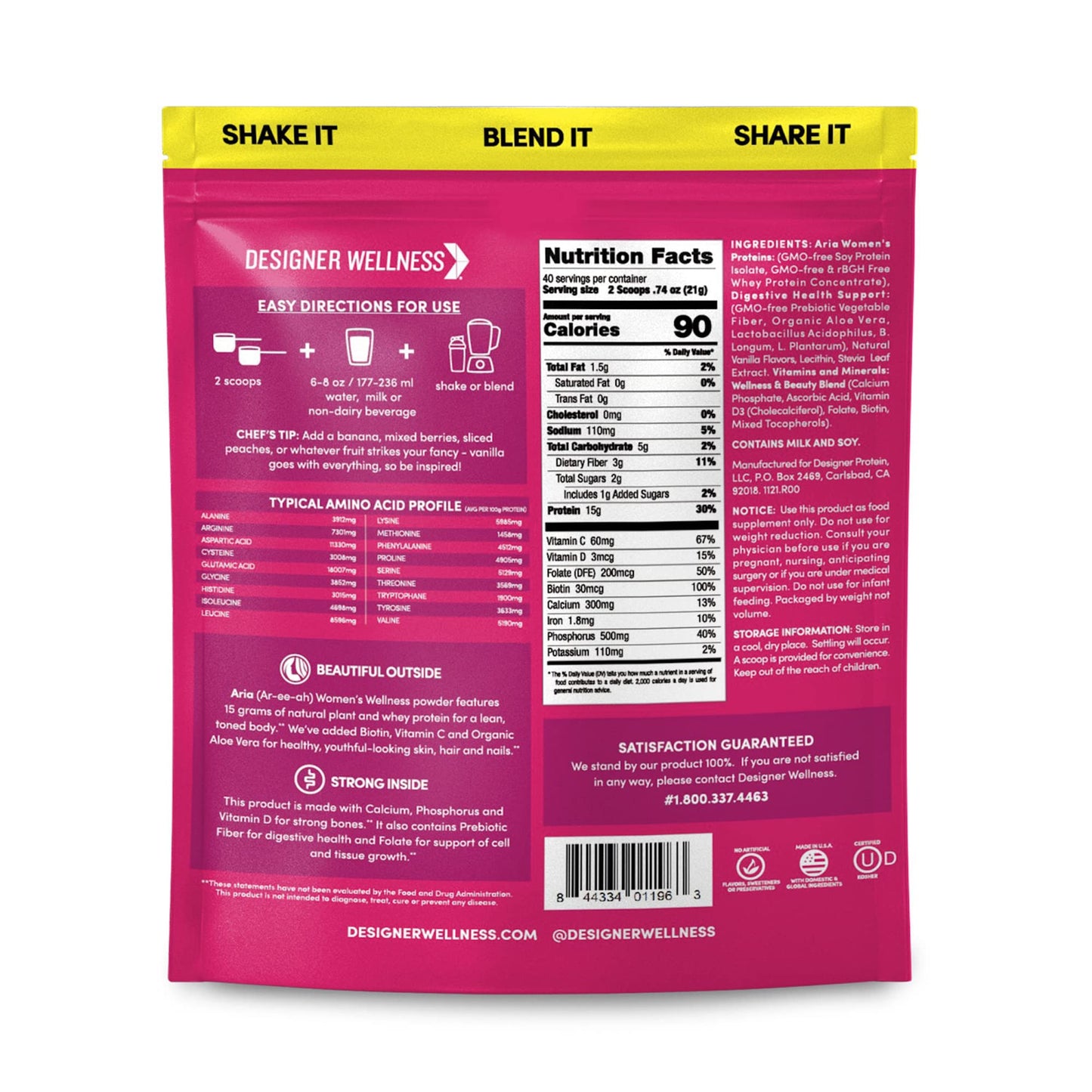 Designer Wellness, Aria, Women's Wellness Low Calorie Vanilla Protein Powder with Biotin, Vitamin C and Organic Aloe, Vanilla Blossom, 1.85 Pound