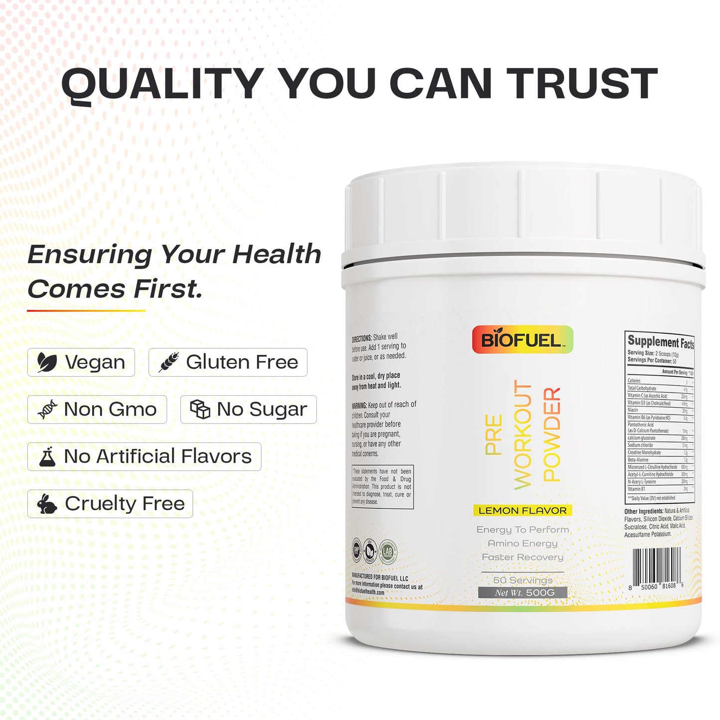 Biofuel Pre-Workout Powder - Enhances Amino Energy, Workout Performance, and Recovery - Natural Lemon Flavor, 500g, 50 Servings