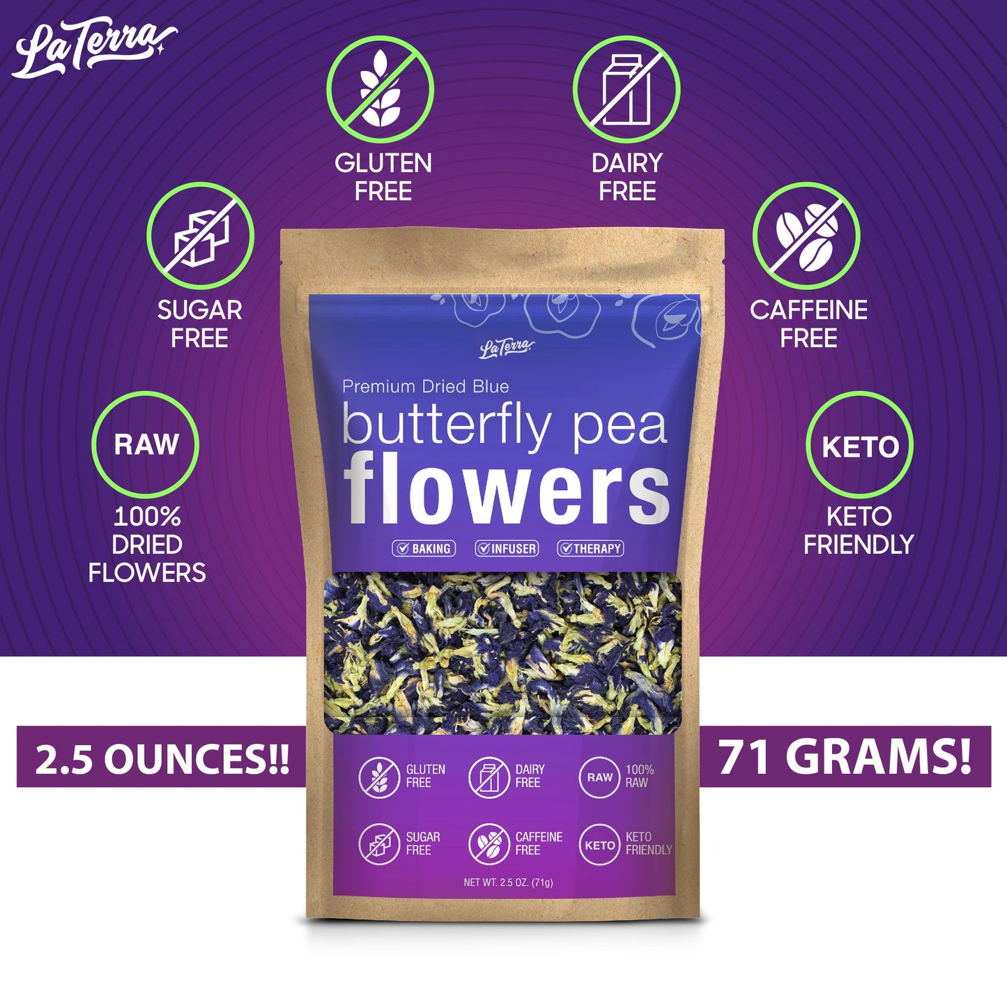 La Terra Premium Dried Blue Butterfly Pea Flower 35 OZ 100 Raw with No Fillers or Additives Gluten Dairy Caffeine Sugar Free Vegan Keto Friendly Hot and Cold Beverages