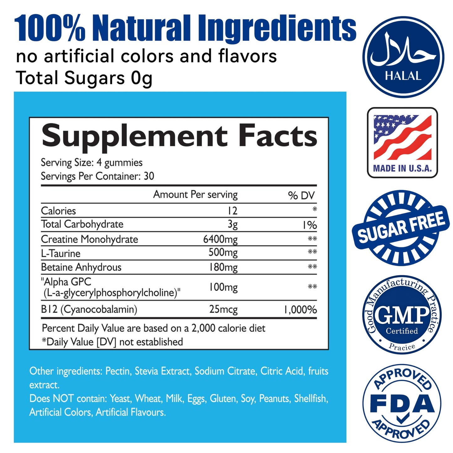 Creatine Monohydrate Gummies for Men & Women, Increase Strength and Build Muscle, Energy & Booty Gain, Preworkout Supplement, Sugar Free, Vegan, Chewables Blueberry Flavor-120 Count