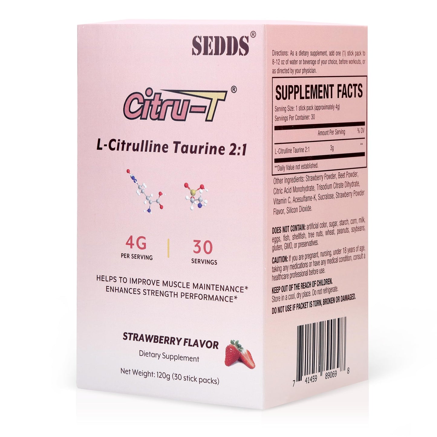 SEDDS L-Citrulline Taurine 2:1, Strawberry-Flavored L Citrulline Powder Citrulline Supplements, Vegan Taurine Powder, Caffeine Free, Gluten Free, 30 Pack