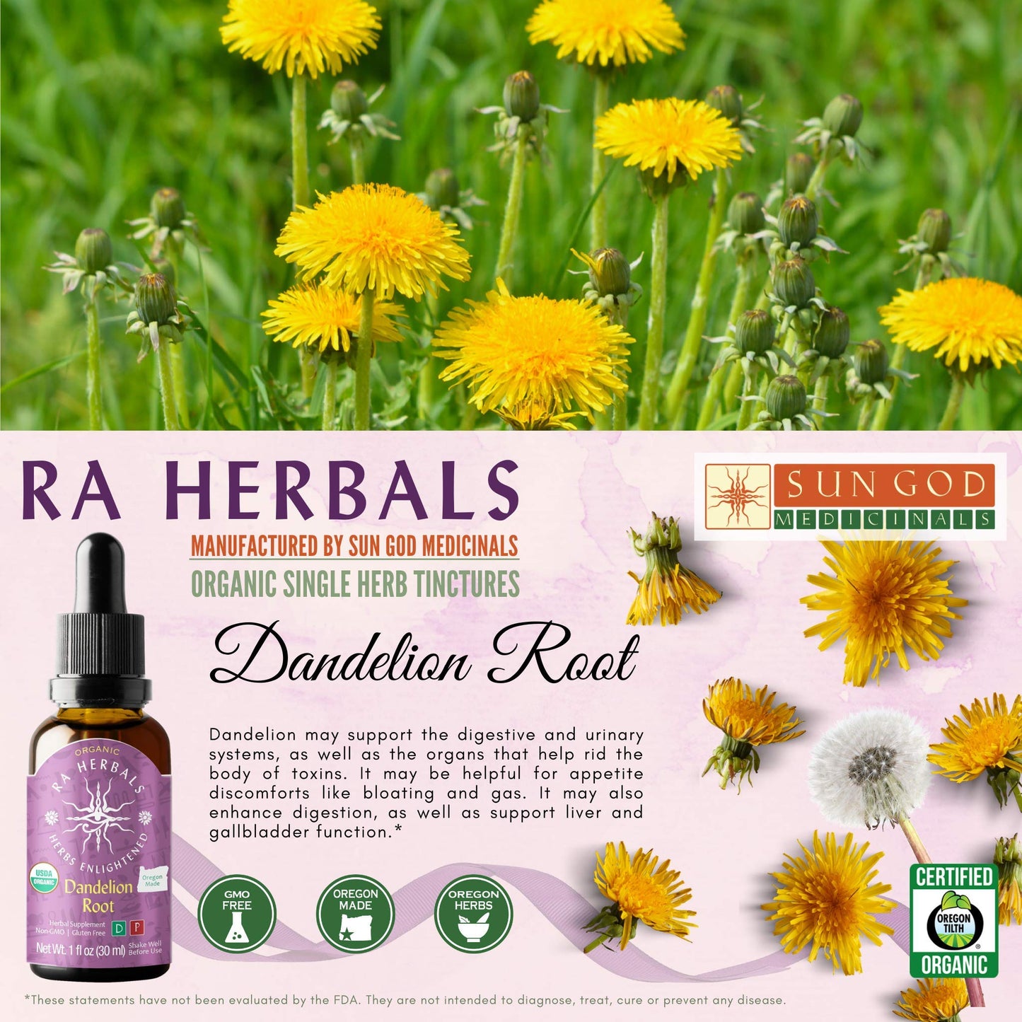 Sun God Medicinals Ra Herbals Organic Dandelion Root Liquid Extract - Detox Support - 1 fl oz