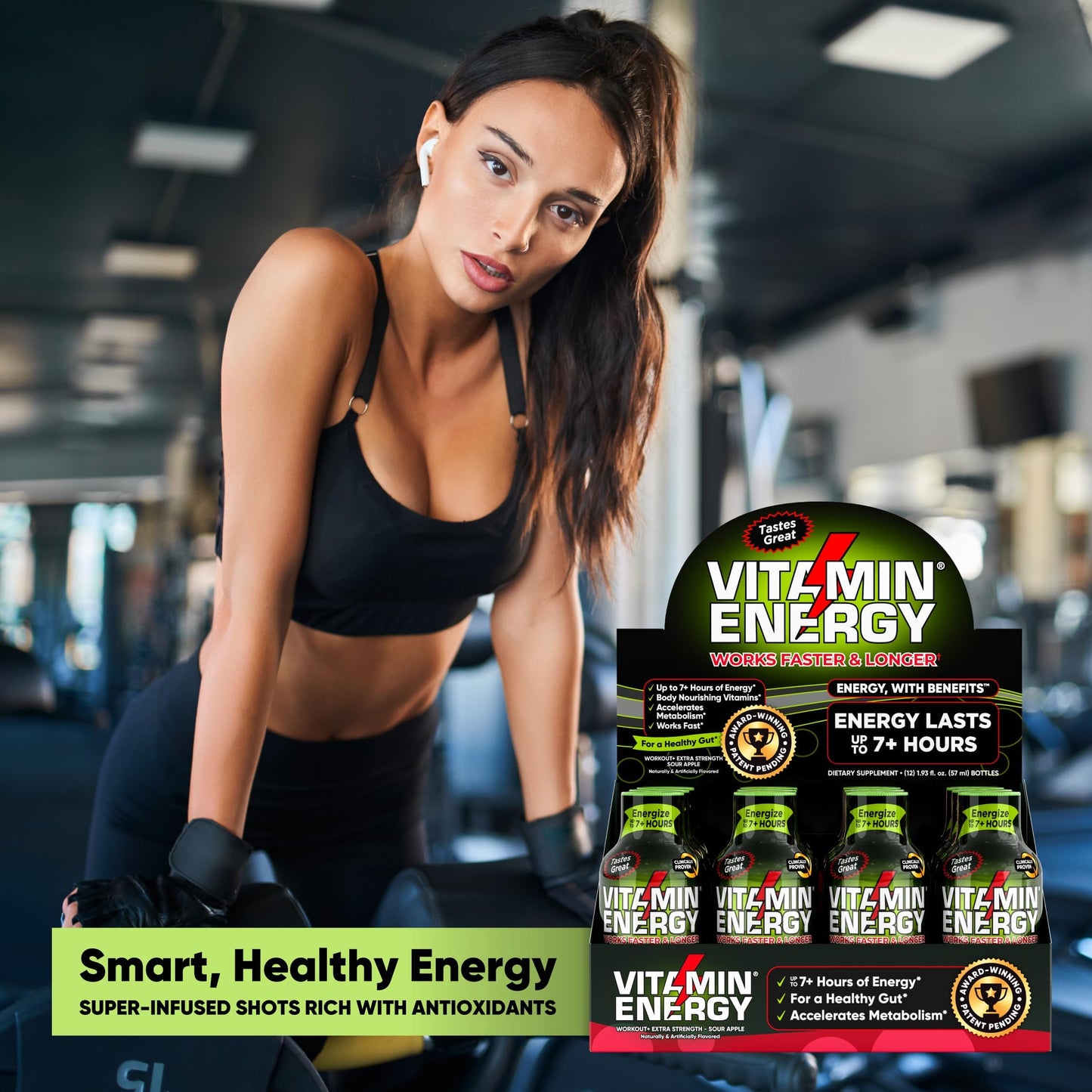 Vitamin Energy Workout+ Energy Shot - Sour Apple - 100% DV B-Vitamins & 260mg Natural Caffeine - Zero Calories, Sugar-Free, Vegan, Non-GMO - Pre-Workout & Endurance Support