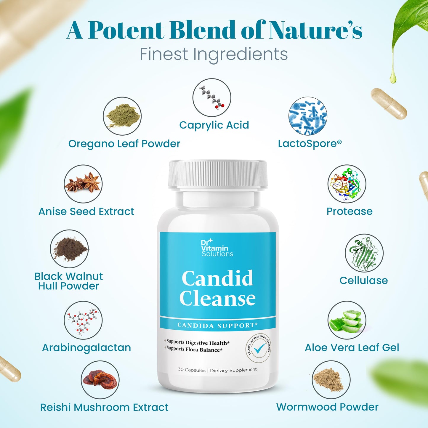 Dr. Vitamin Candida Cleanse Supplement for Men & Women | Supports Digestive Health & Flora Balance | Includes Oregano Leaf Powder, Caprylic Acid & LactoSpore for Detox & Gut Health | 30 Capsules