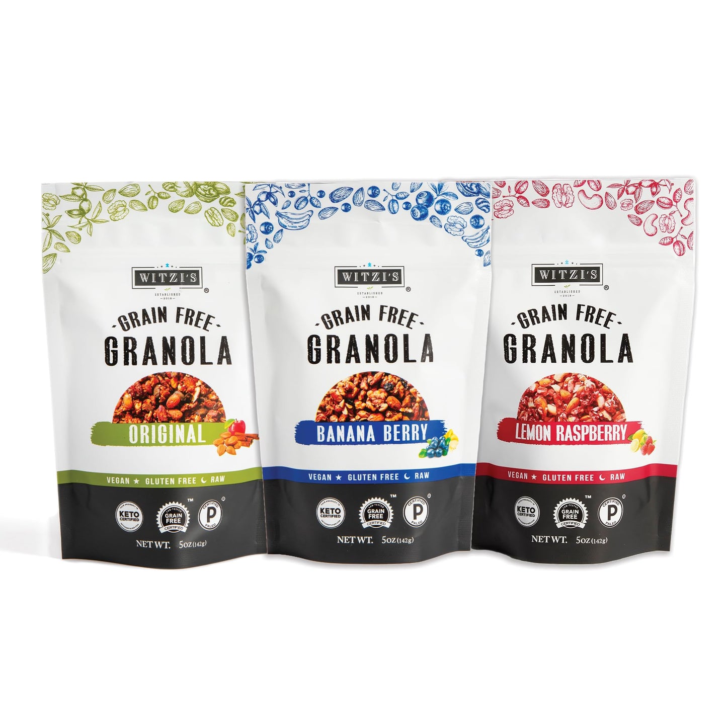 Witzis Grain Free Granola  Variety Pack Original Banana Berry Lemon Raspberry 5oz Pack of 3