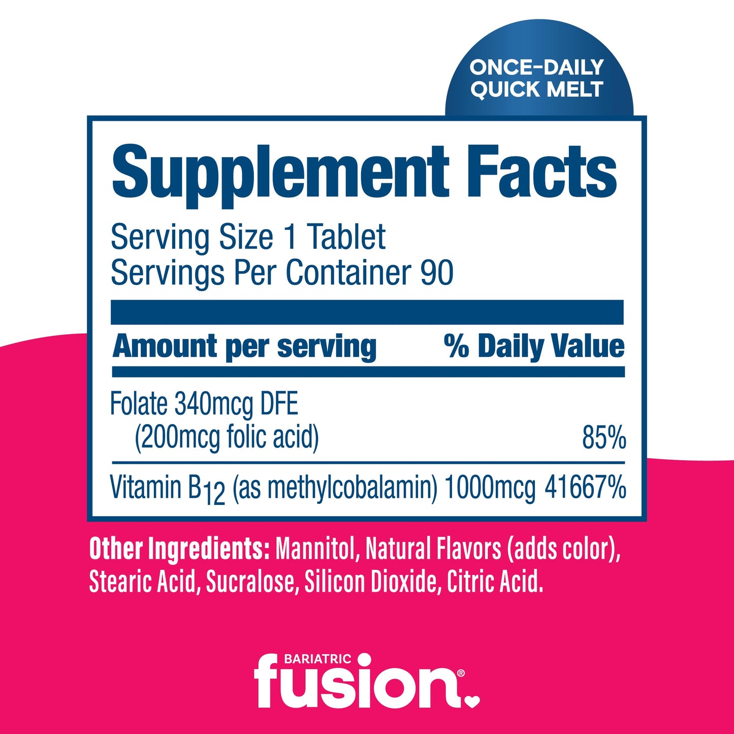 Bariatric Fusion Vitamin B12 Sublingual 1000 mcg Melts | Cherry Berry Flavored | Vitamin B12 Dissolve Under Tongue Tablets with Folic Acid | Sugar Free | Methylcobalamin | 90 Count