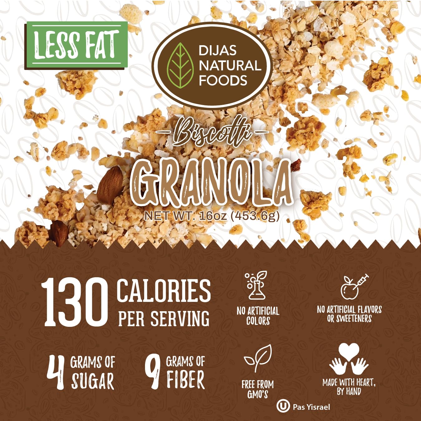 DIJAS Natural Foods Low Fat Biscotti Granola All Natural Preservative Free Ingredients Delicious Low Calorie Snack 16 oz Granola