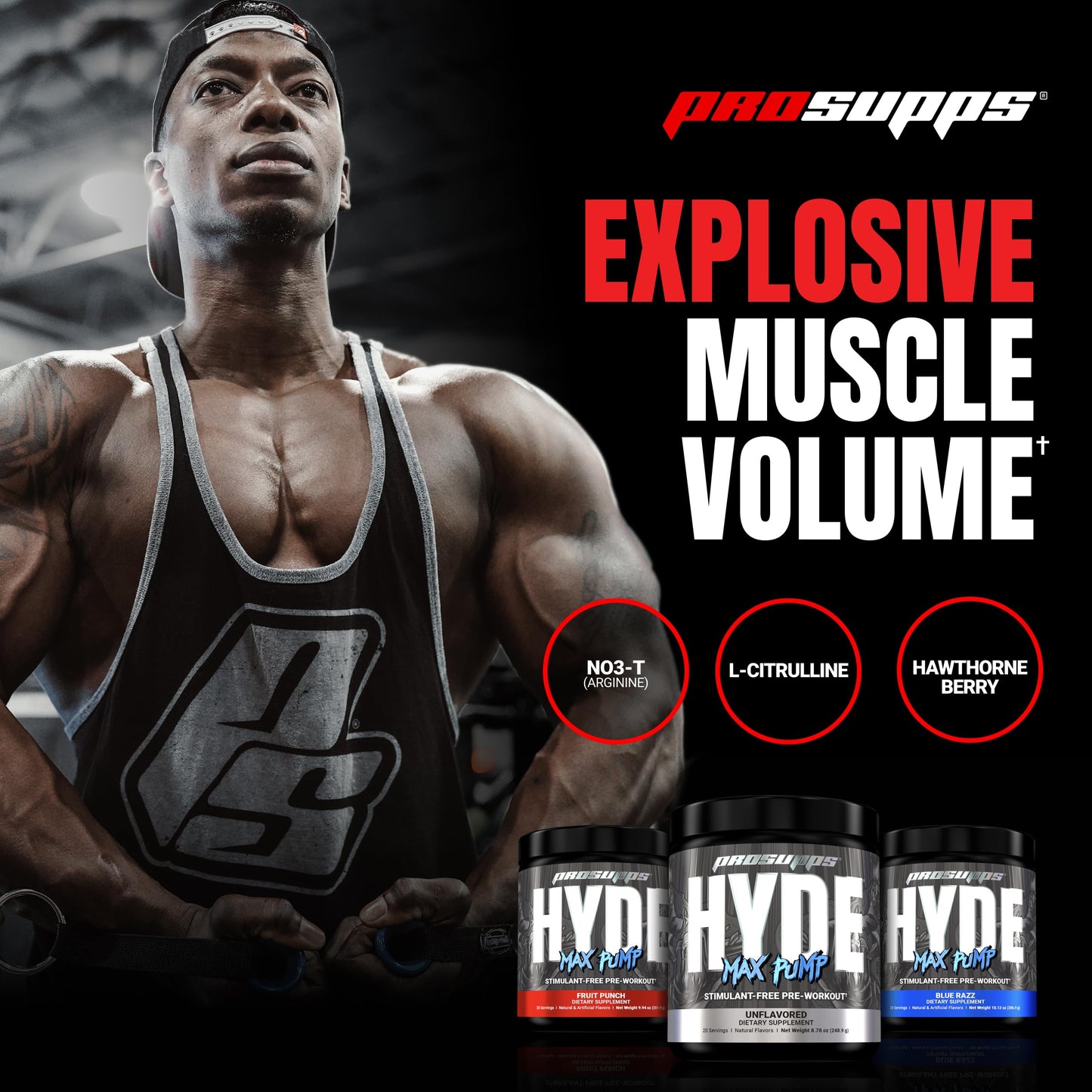 PROSUPPS Hyde Max Pump Pre Workout for Men and Women - Nitric Oxide Supplement for Pump and Endurance - Stimulant Free Pre Workout to Promote Blood Flow and Muscle Strength (Blue Razz, 20 Servings)
