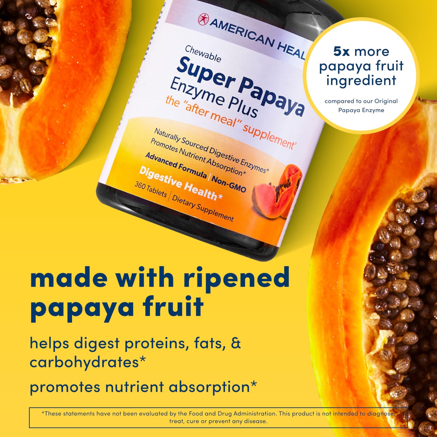 American Health Super Papaya Enzyme Plus Chewable Tablets, Natural Papaya Flavor, 2 Pack - Promotes Digestion & Nutrient Absorption, Contains Papain & Other Enzymes - 360 Count, 240 Total Servings