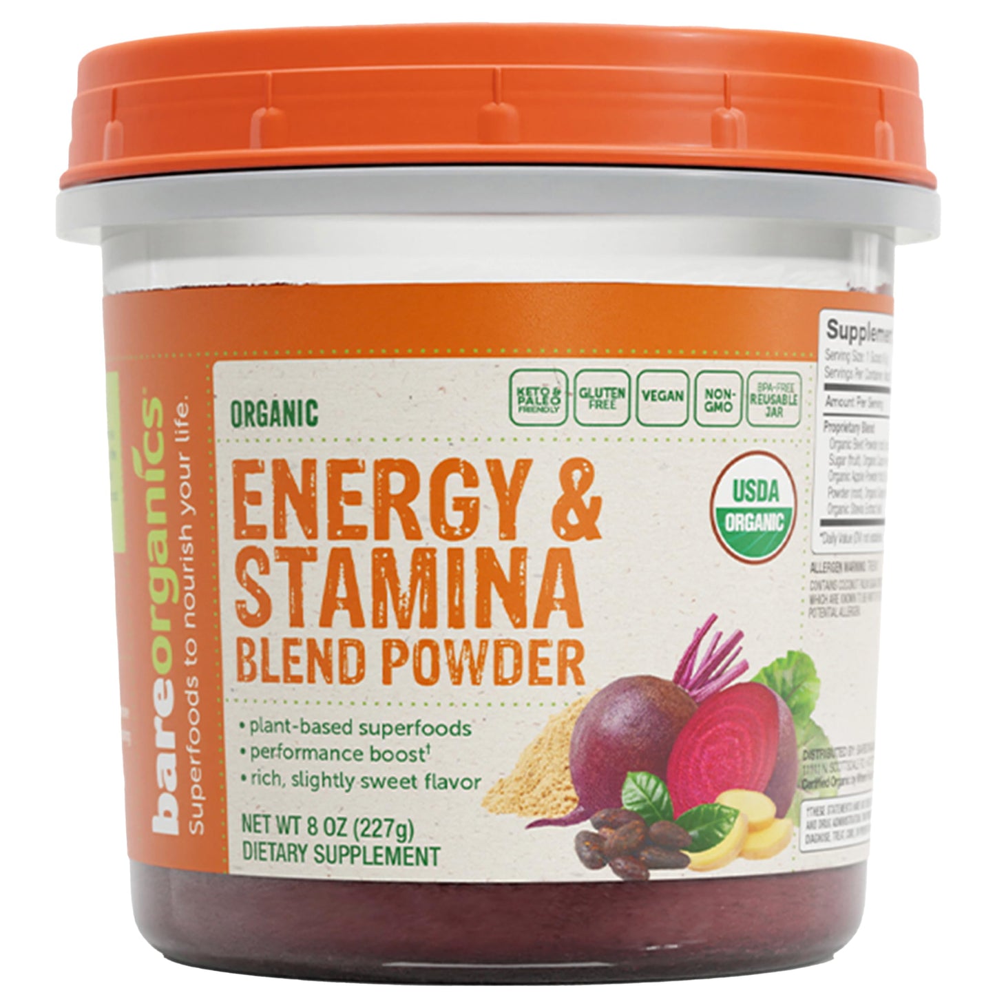 BareOrganics Energy & Stamina Blend Powder, Organic Superfood, Vegan Dietary Supplement, 8 Ounces