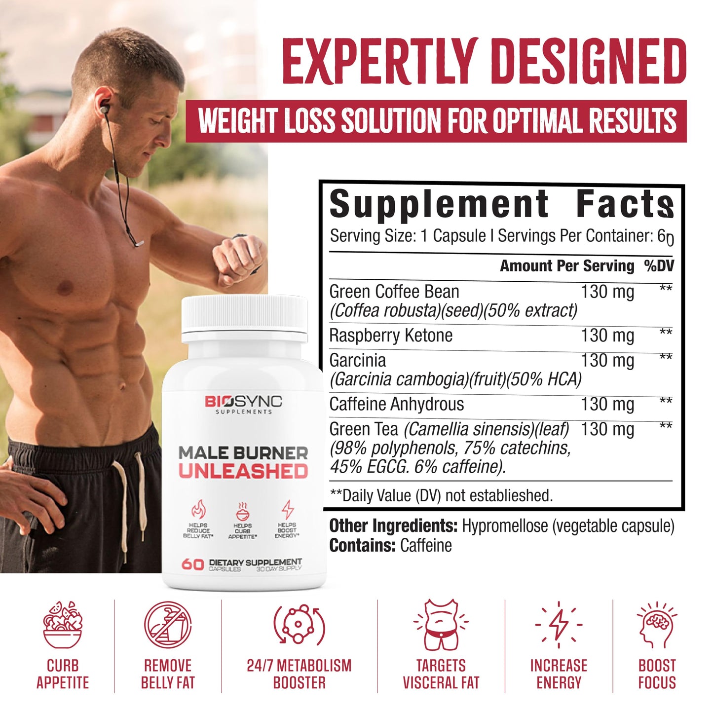 BioSync - Male Burner UNLEASHED | Fat Burner for Men Weight Loss Pills | Appetite Suppressant, Carb Blocker, Energy Booster | 6 Ultra Dosed Powerful Ingredients | Safe 3rd Party Tested - 60 Capsules