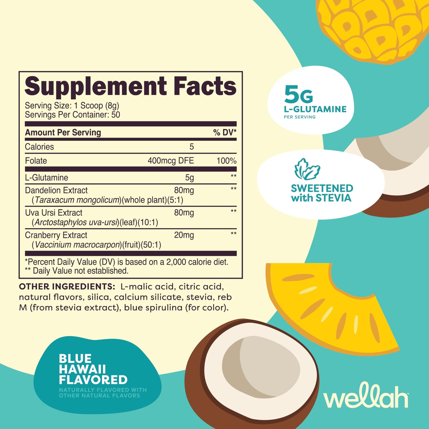 Wellah L-Glutamine Powder Blue Hawaii (50 Servings) - 5g L-Glutamine Per Serving, Sweetened with Stevia