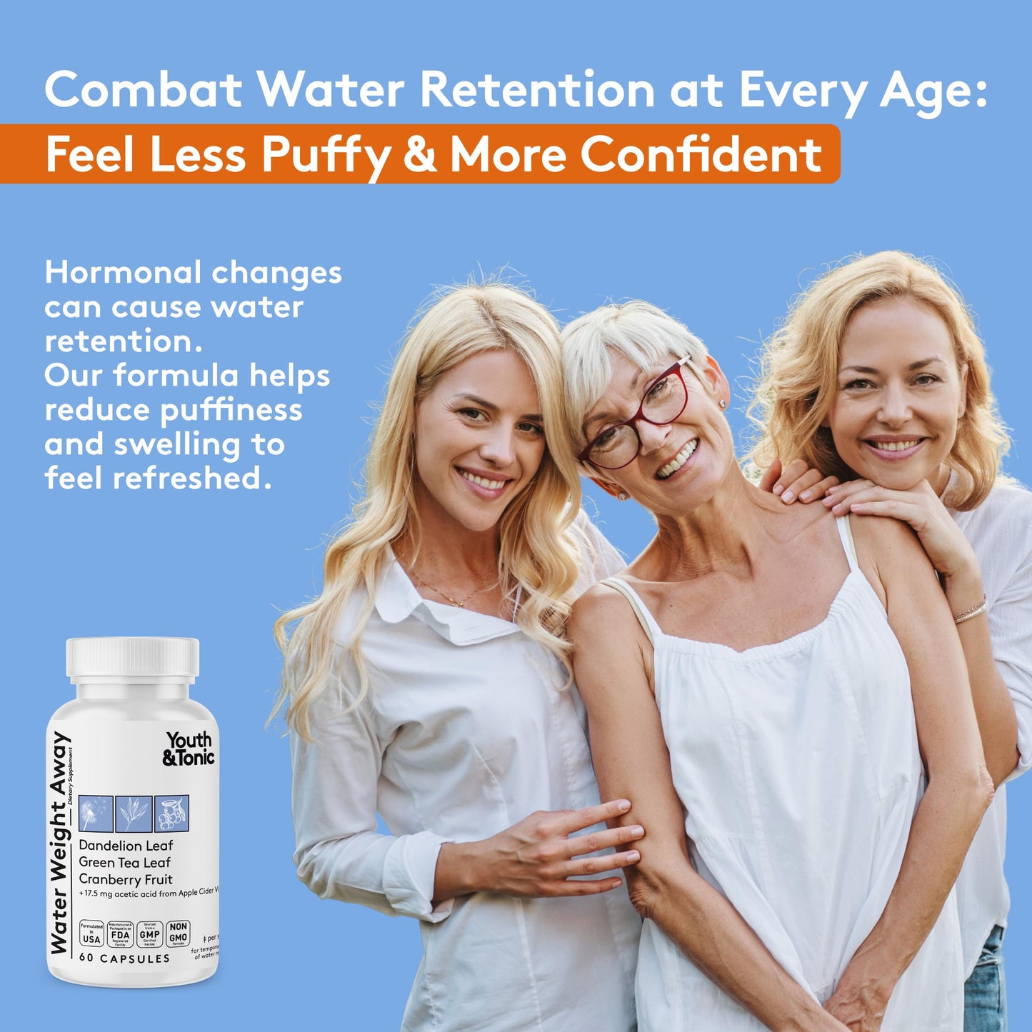Youth & Tonic Natural Water Weight Away - Herbal Diuretic Pills for Bloating, Water Retention & Swelling Support for Women & Men - 60 Caps with Dandelion, Potassium, Green Tea & Apple Cider Vinegar