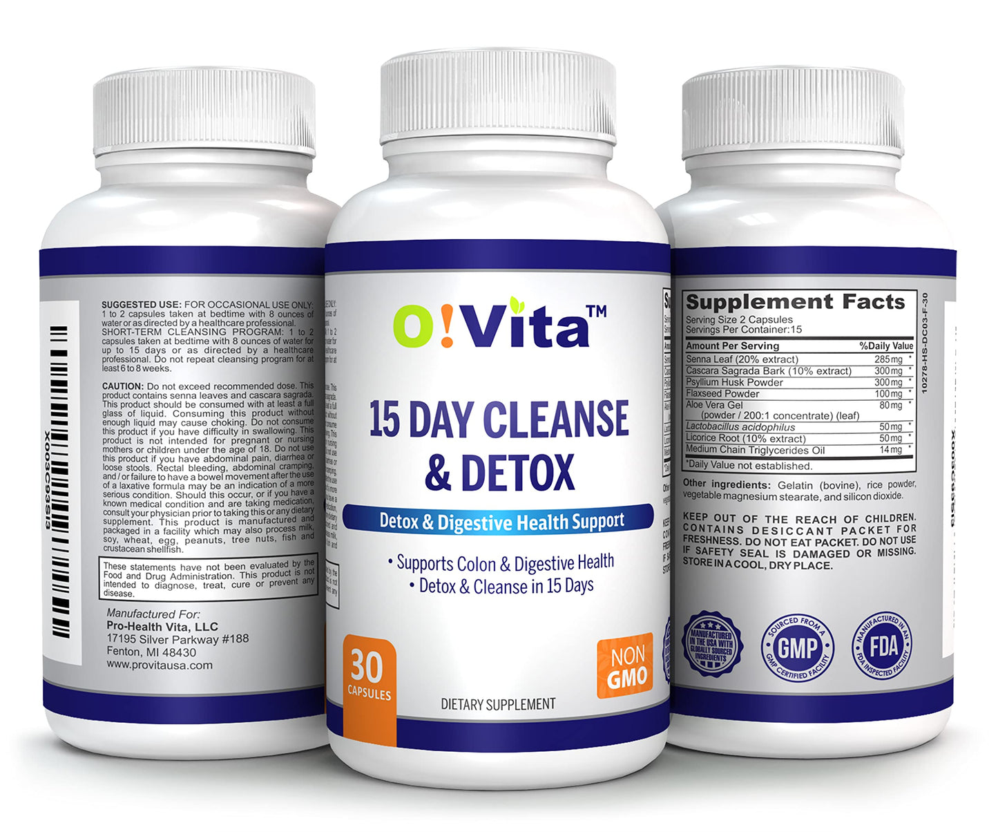 O!VITA 15-Day Cleanse and Detox Supports Digestive and Colon Health, Special Formula with probiotics, fine Herbs Such as Senna Leaf, Cascara Sagrada Bark, and More! (30 Non-GMO Capsules)