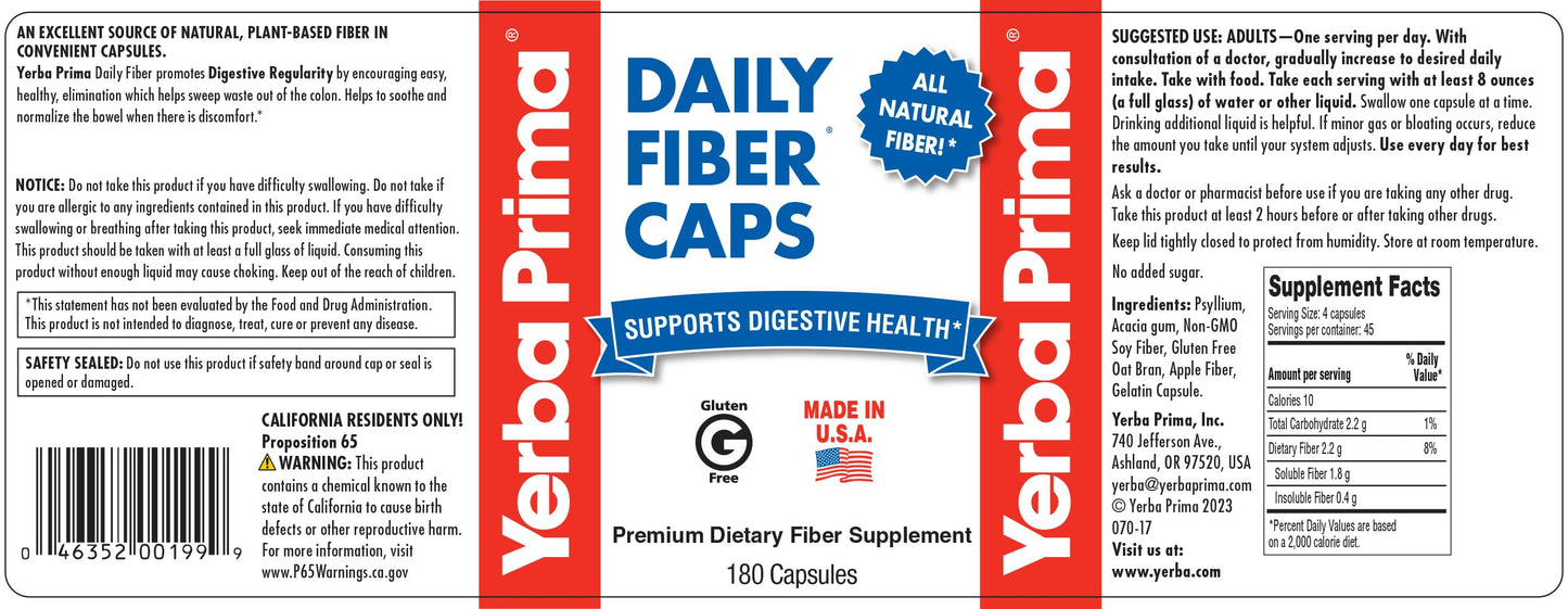 Yerba Prima Daily Fiber Caps - 180 Capsules, (Pack of 4) - Soluble & Insoluble Dietary Fiber Supplement - Colon Cleanse - Gut Health - Vegan, Non-GMO, Gluten-Free