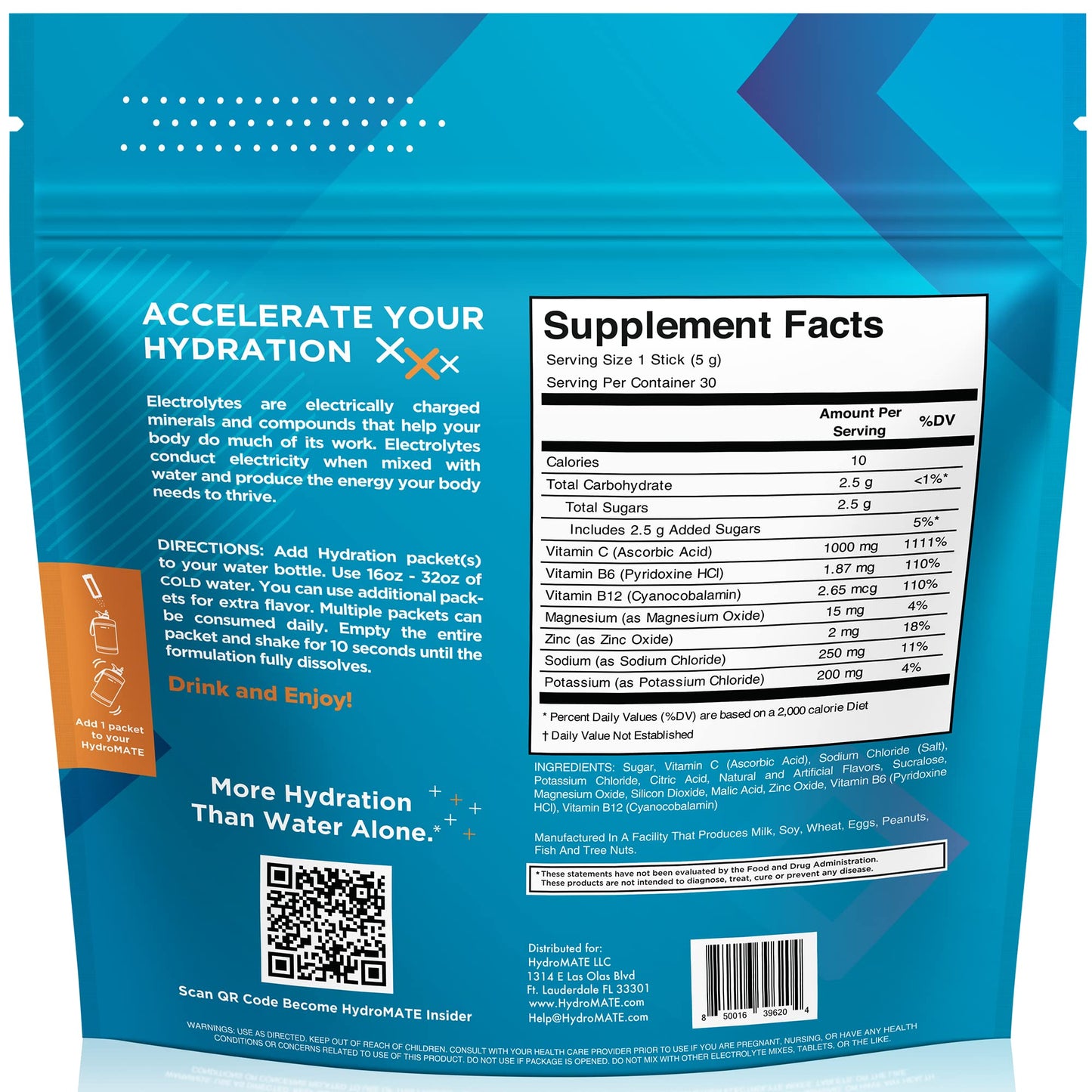 HydroMATE Electrolytes Powder with Low Sugar - 30 Count Instant Hydration Packets with Vitamin C Orange to Boost Energy - Low Sugar Electrolytes Powder Packets to Support Hydration Fast Party Recovery