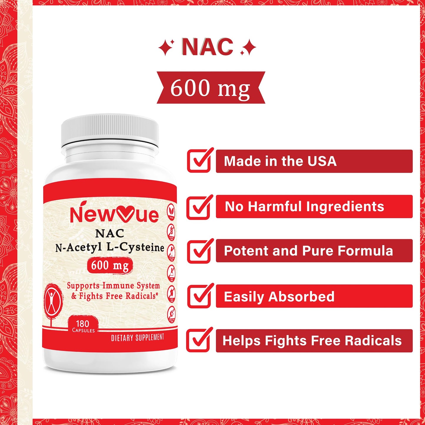 NewVue N-Acetyl L-Cysteine (NAC) 600mg, 180 Capsules - Non-GMO, Gluten Free