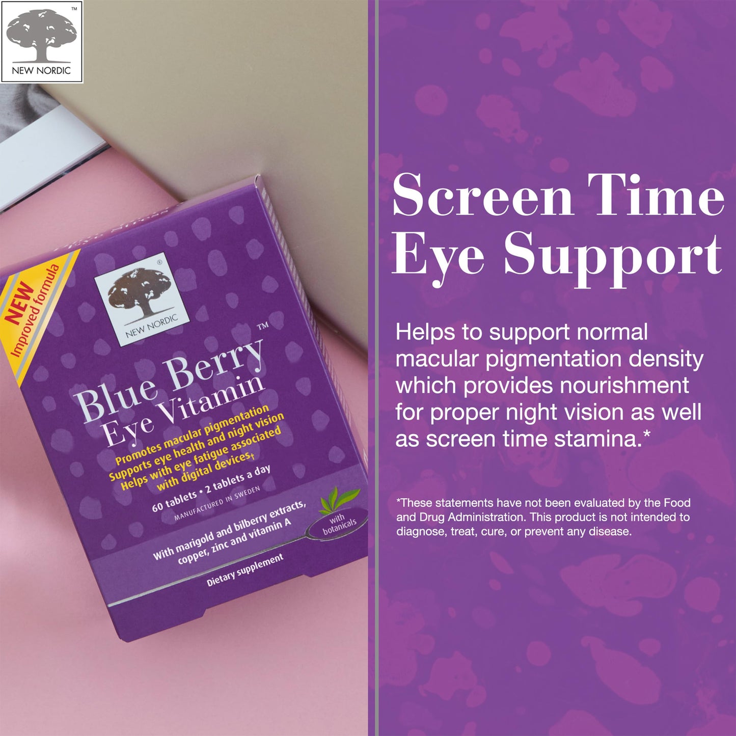 NEW NORDIC Blue Berry Eye Vitamin Lutein Supplement with Zinc, Supports Macular Pigmentation, Eye & Vision Function, 60 Tablets (Pack of 1)