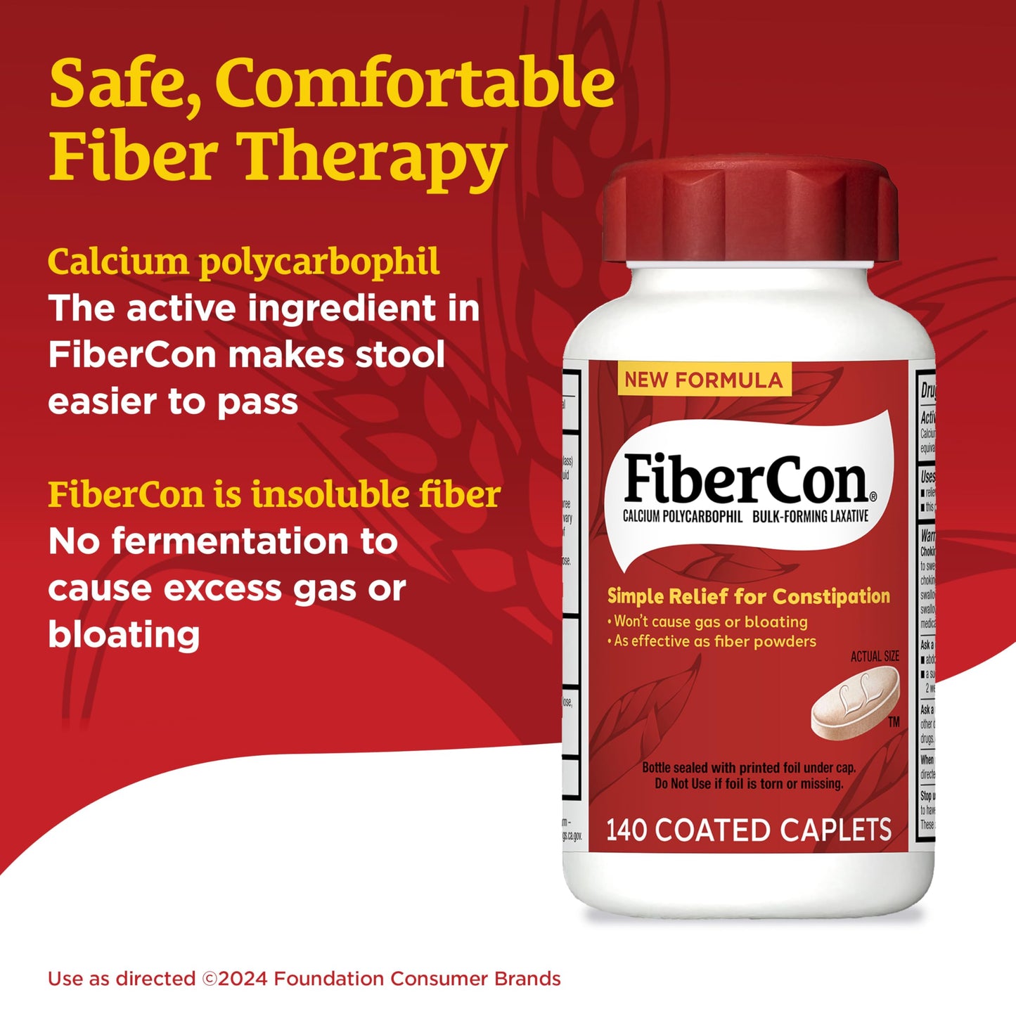 FiberCon Fiber Therapy Coated Caplets, Safe, Simple & Comfortable Insoluble Fiber for Bowel Irregularity, Comfortable Constipation Relief with No Gas or Bloating, 140 Caplets