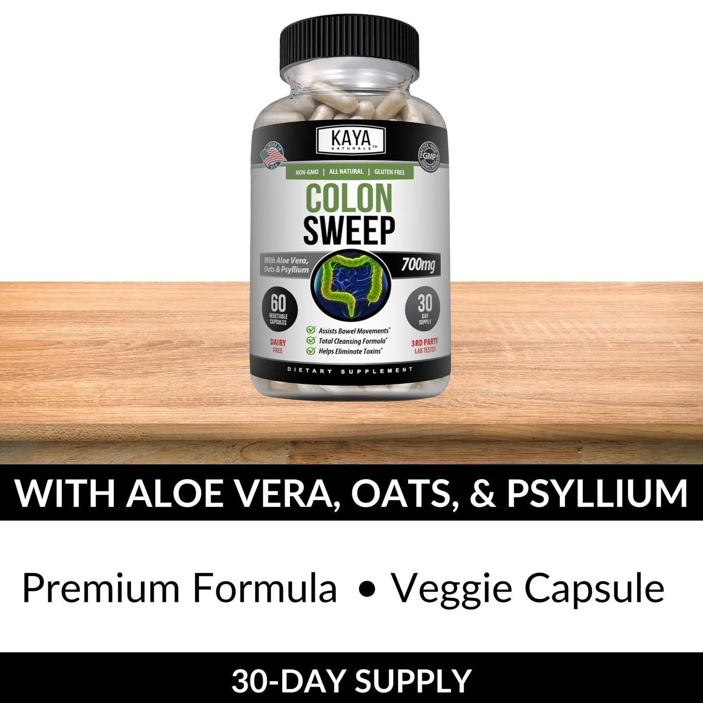 Kaya Naturals Colon Sweep | Colon Cleanser 30-Day Fast-Acting with Herbs & Probiotics, Supports Healthy Bowel Movements, Cleansing Formula with Fiber, Non-GMO - 60 Capsules