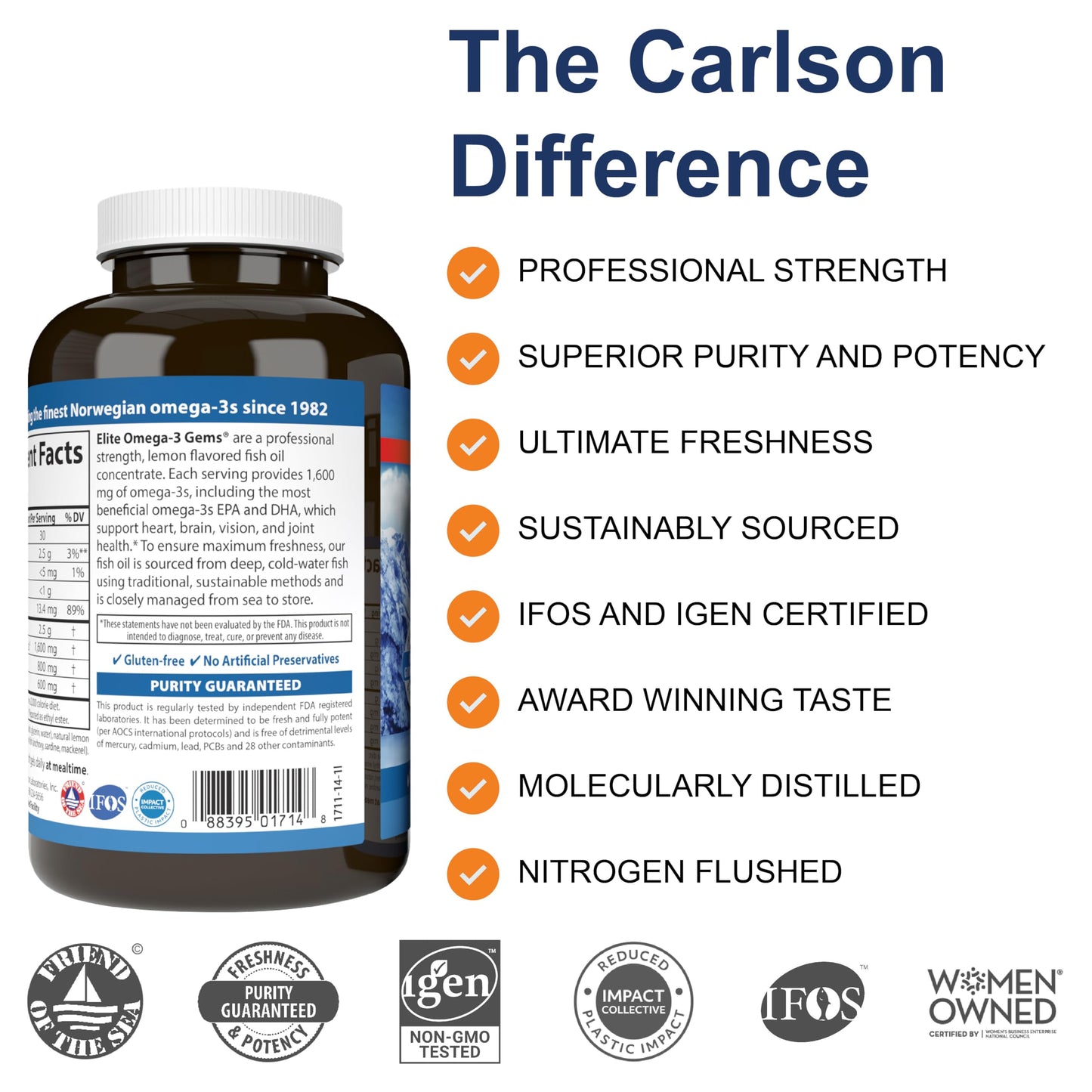 Carlson Elite Omega-3 Gems 1600 mg Omega 3 Fatty Acids Including EPA & DHA - Norwegian, Wild-Caught Sustainably Sourced Fish Oil Supplement, Omega 3 Fish Oil Capsules Lemon - 90+30 Softgels