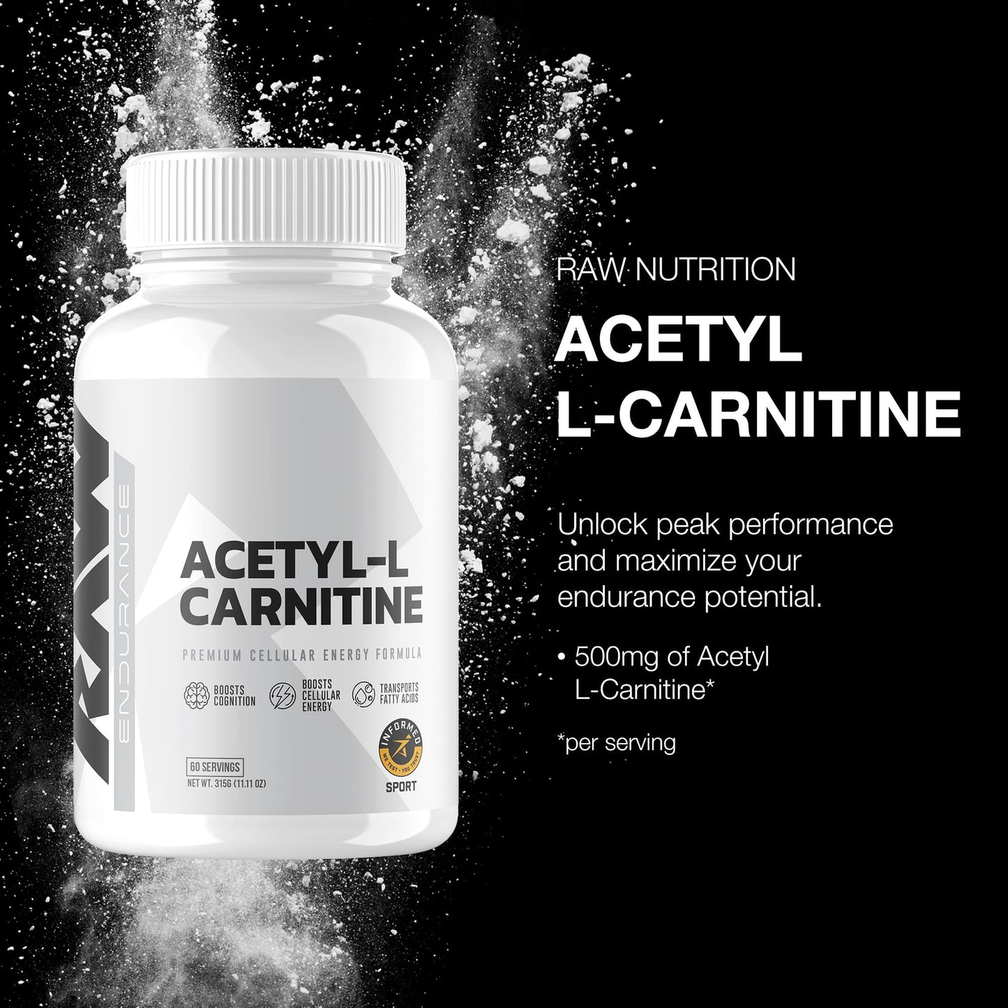 RAW Acetyl L-Carnitine Supplement, 500mg - Premium Cellular Energy Formula Boosts Cognition - Natural Energy Pills for Fatigue, Reduce Muscle Damage & Promotes Repair - 60 Capsules