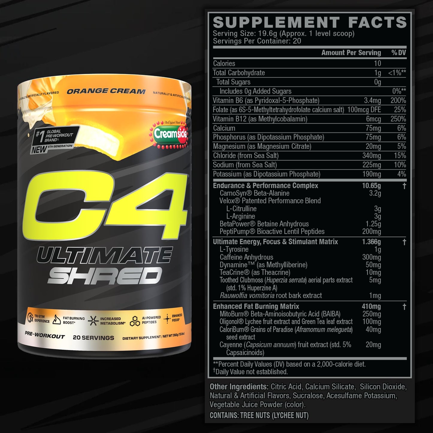 Cellucor C4 Ultimate Shred Pre Workout Powder, Metabolism Supplement with Cayenne Extract+300mg Caffeine+TeaCrine+Dynamine - Orange Creamsicle, 20 Servings