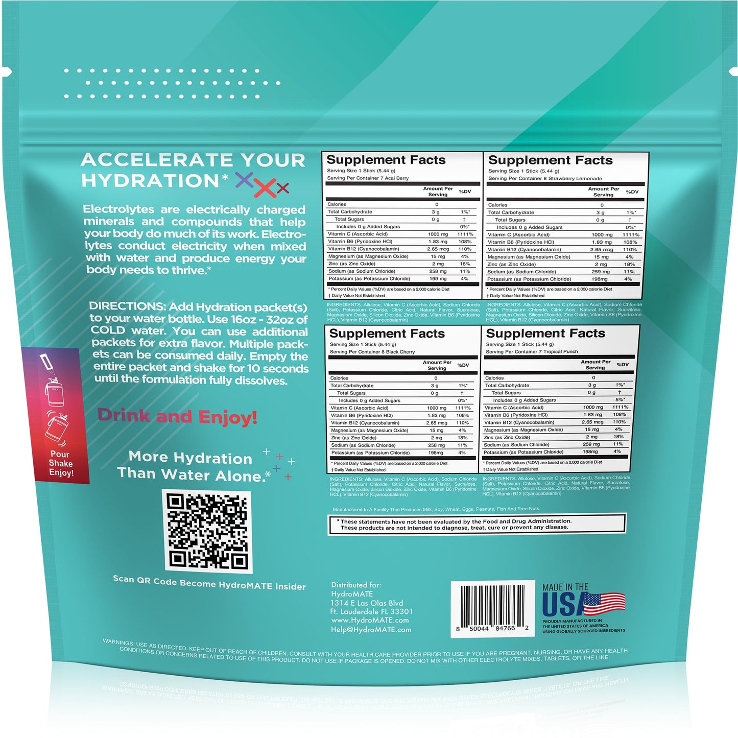HydroMATE Electrolytes Powder No Sugar Variety Pack - 30 Instant Hydration Packets with Vitamin C to Boost Energy - Sugar Free Electrolytes to Support Hydration on Keto Diet & Party Favors