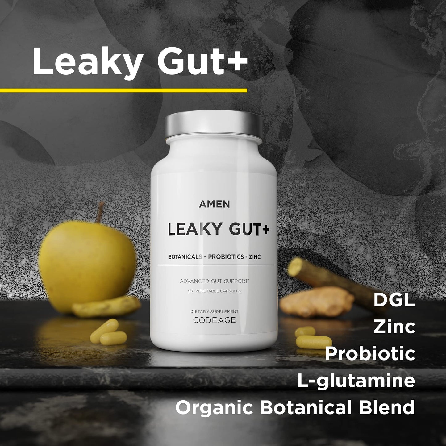 Amen Leaky Gut Supplement - Advanced Formula with Bioavailable L Glutamine, Zinc, Turmeric, DGL Licorice Root - Marshmallow Root - Probiotics & Fermented Prebiotics - Vegan, Non-GMO - 90 Capsules