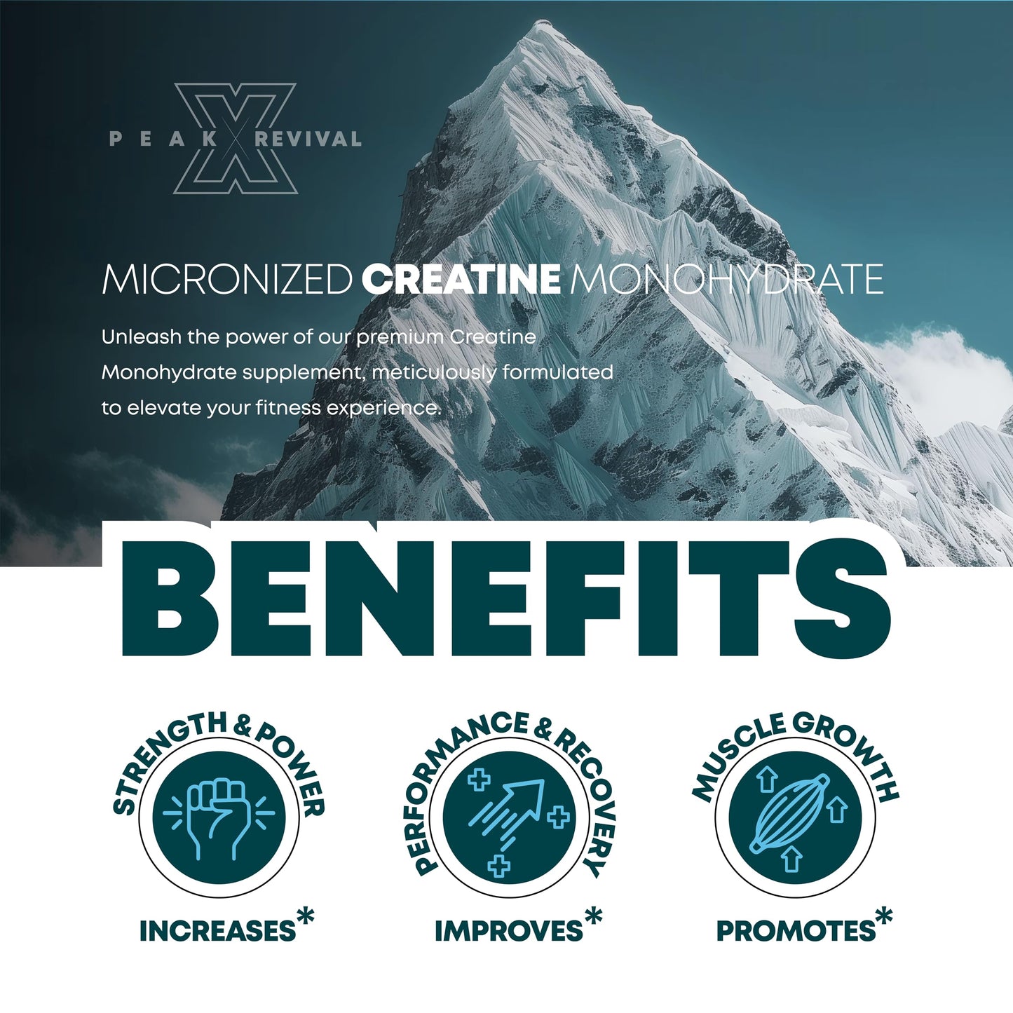 Peak Revival-X Performance Micronized Creatine Monohydrate Powder Supplement, 5000mg (5g), 100 Servings, Unflavored, Gluten Free, Non-GMO, Vegan