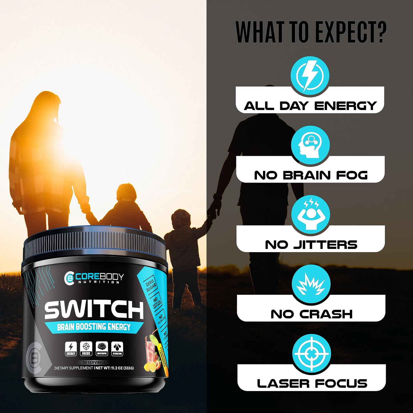 Switch, Brain Boosting Nootropic Energy Supplement, Increase Mental Focus & Cognitive Function, Enhances Mood & Memory, Alpha GPC, Ashwagandha, Sugar Free Energy Powder-Keto