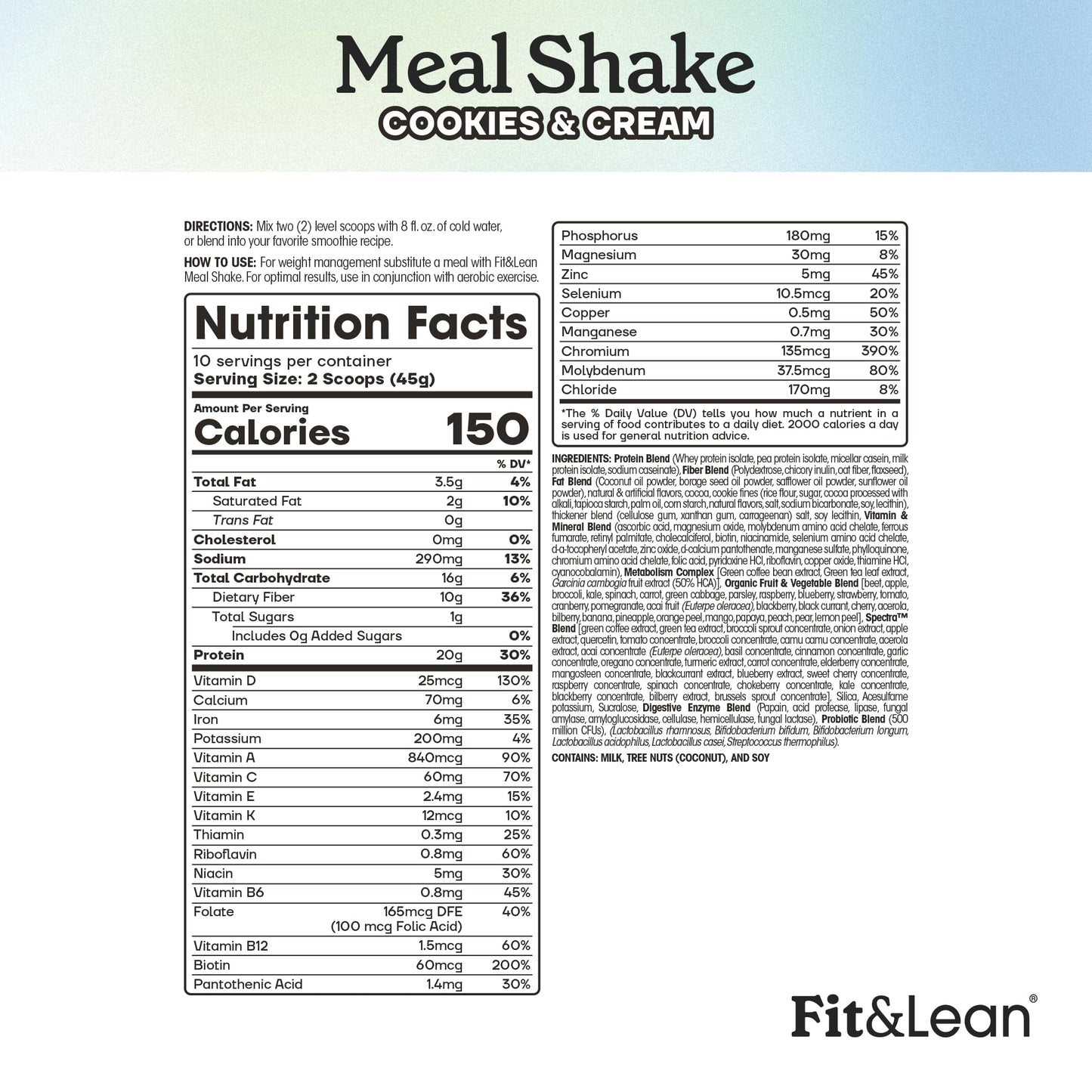 Fit & Lean Meal Shake, Fat Burning Meal Replacement, Meal Replacement with Protein, Fiber, Probiotics and Organic Fruits & Vegetables, Cookies and Cream, 1lb, 10 Servings Per Container