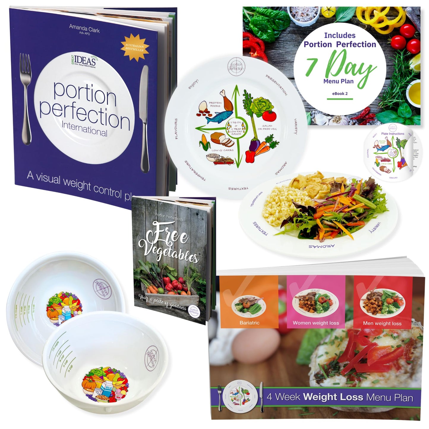 Portion Perfection Weightcontrol Plate System for Women & Men Melamine Diabetic and Weightcontrol, 4 Piece Weight Control Kit Includes Portion Plate, Measuring Bowl, Cookbook and Diet Plan