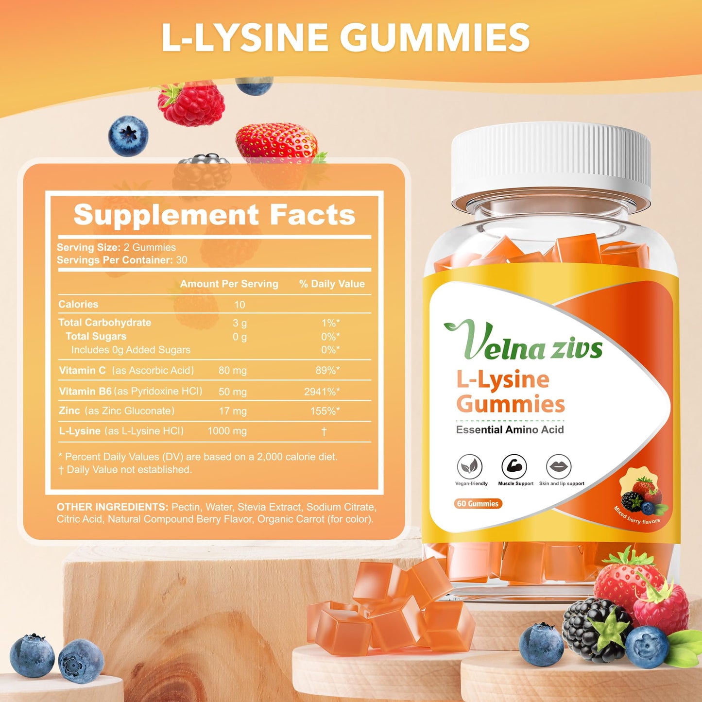Velna zivs Lysine 1000mg Square-Shaped Gummies - Immune Support & Healthy Skin with Vitamin C B6-60 Vegan Doses, Non-GMO, Gluten/Gelatin Free