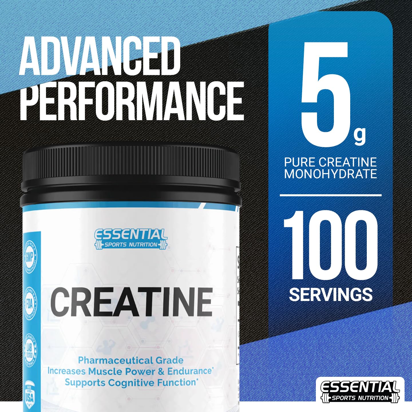 Essential Creatine Monohydrate Powder | 5,000mg | 100 Servings | Support Muscle Growth, Strength, and Recovery | Vegan, Gluten-Free, Unflavored, No Artificial Ingredients | 1.1 lbs